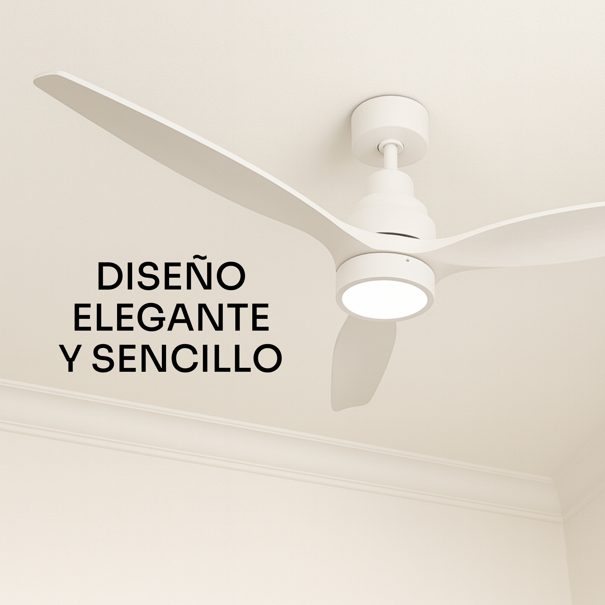 Un moderno ventilatore da soffitto bianco con luce LED su un soffitto.