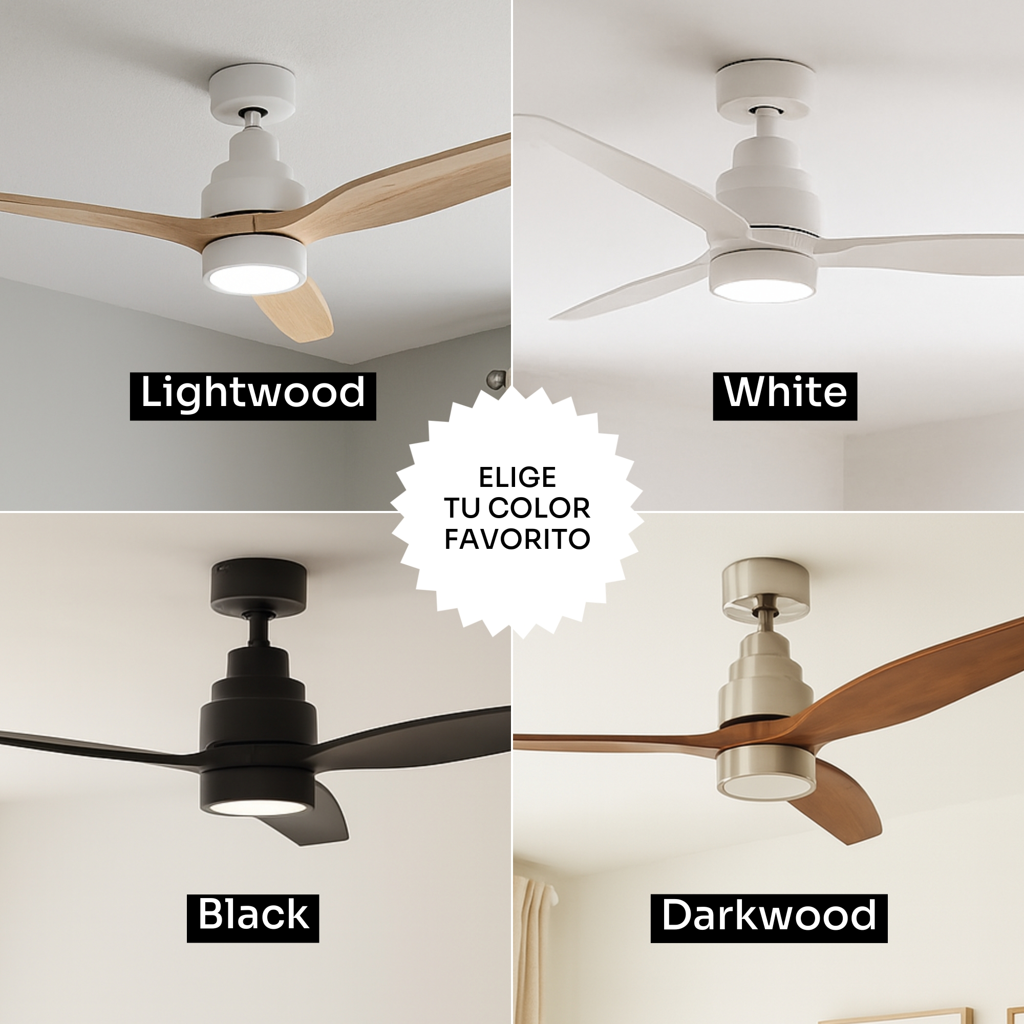 Quattro ventilatori da soffitto: legno chiaro, bianco, nero e scuro.