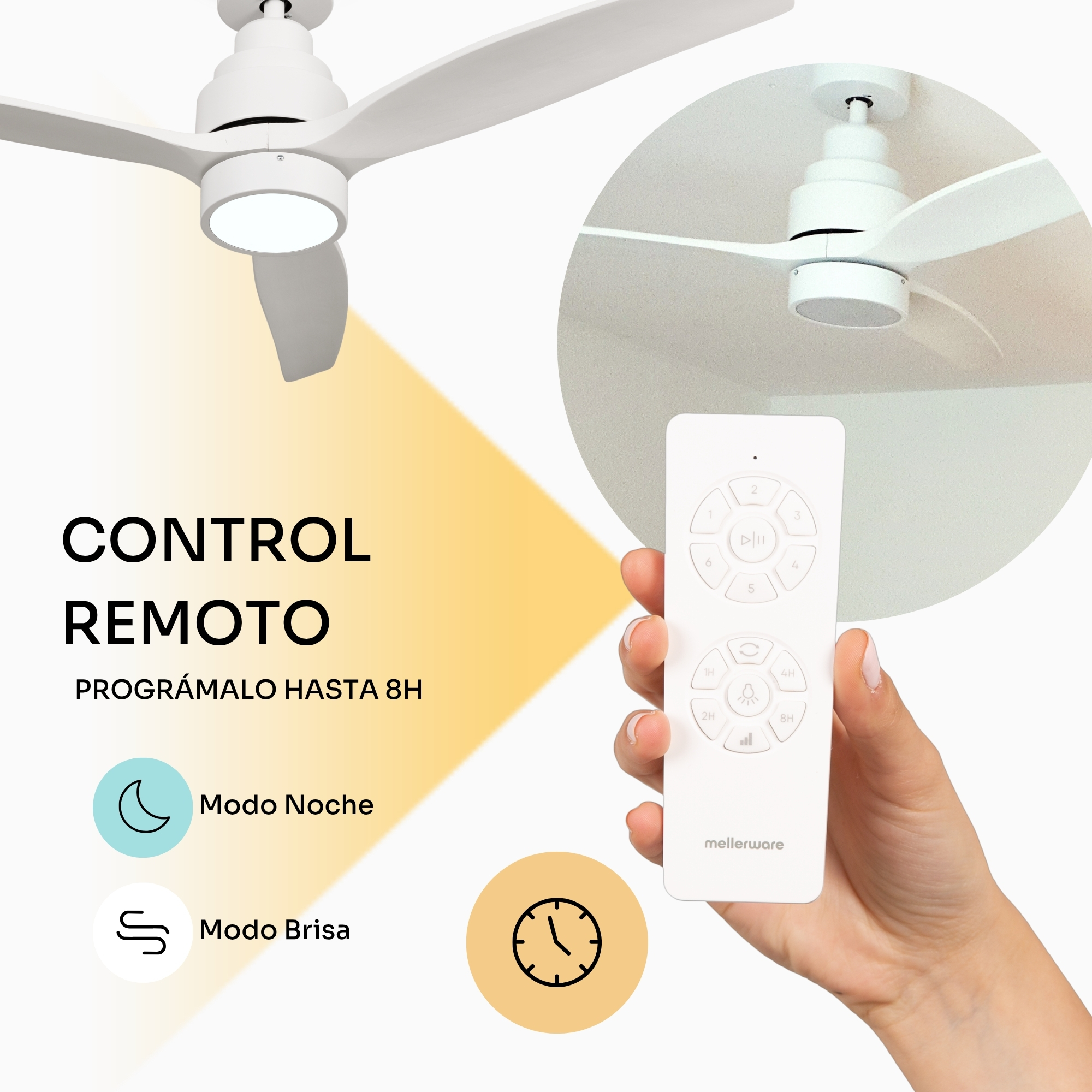 Ventilatore da soffitto bianco con luce e telecomando che mostra un timer.