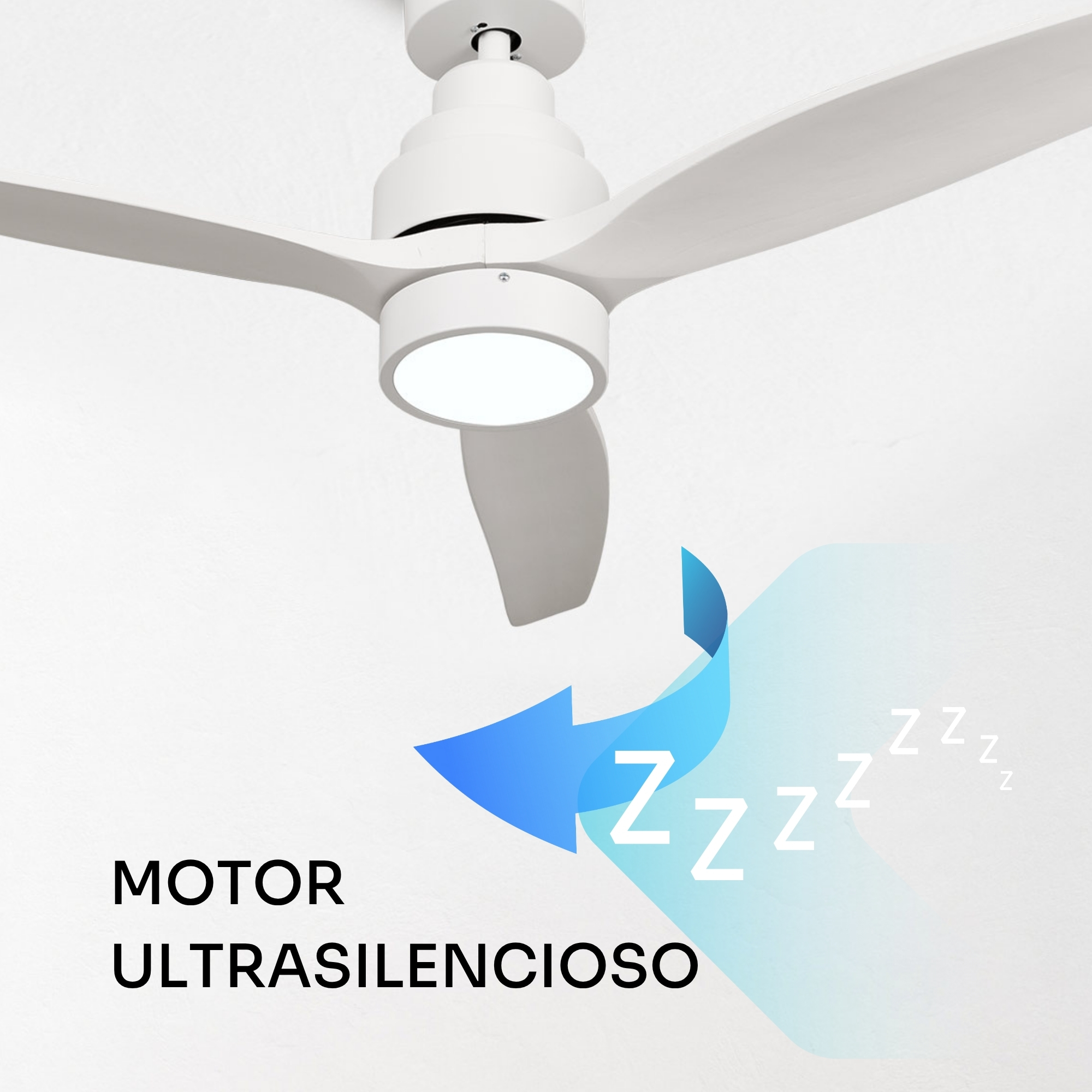 Un ventilatore da soffitto bianco con luce e la scritta "MOTOR ULTRASILENCIOSO".