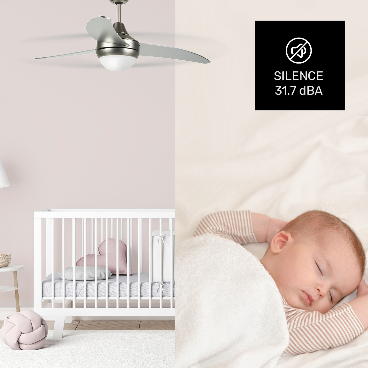 Un ventilador de techo sobre una cuna con un bebé durmiendo. Texto: SILENCE 31.7 DBA.