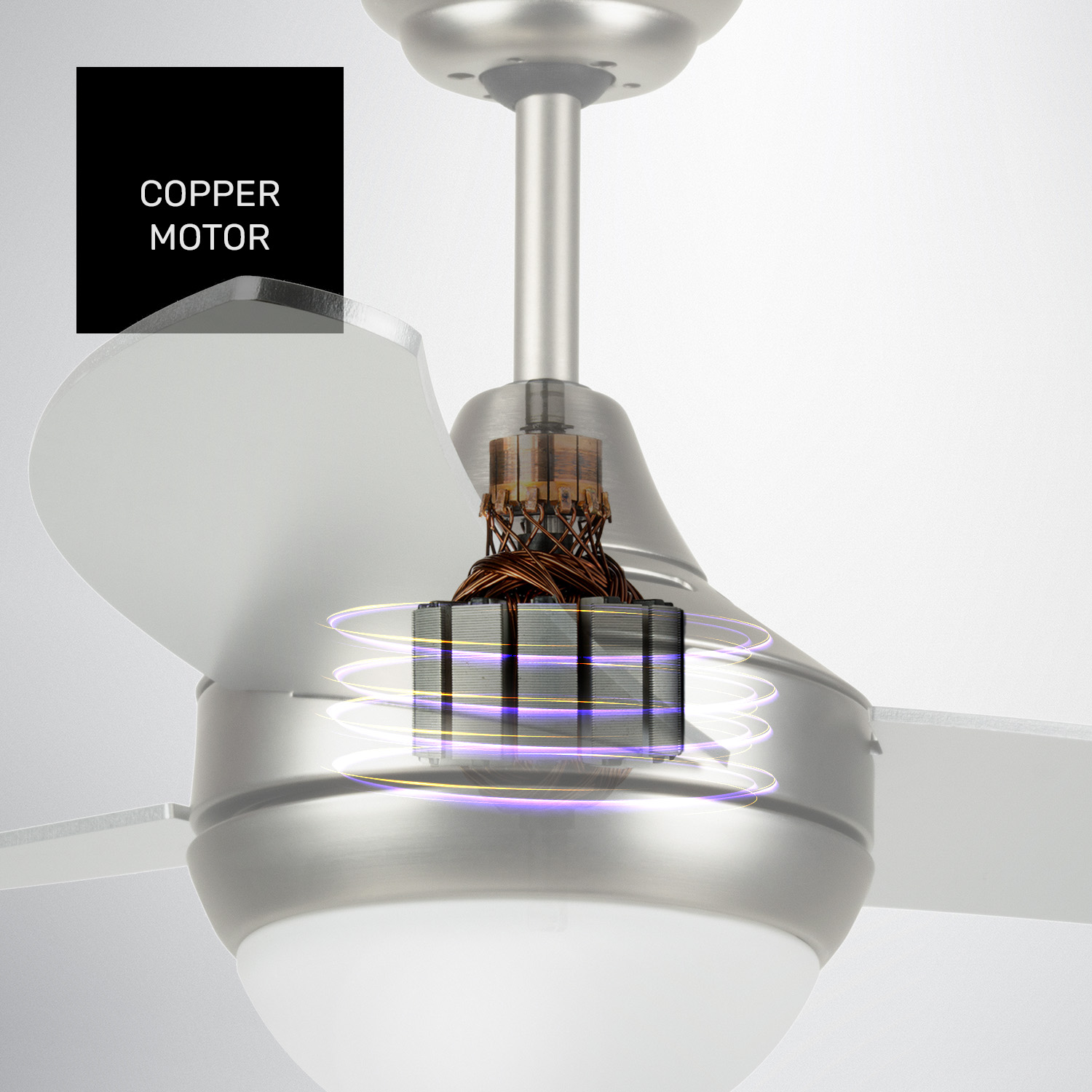 Ventilador de techo con motor de cobre visible y aspas blancas.