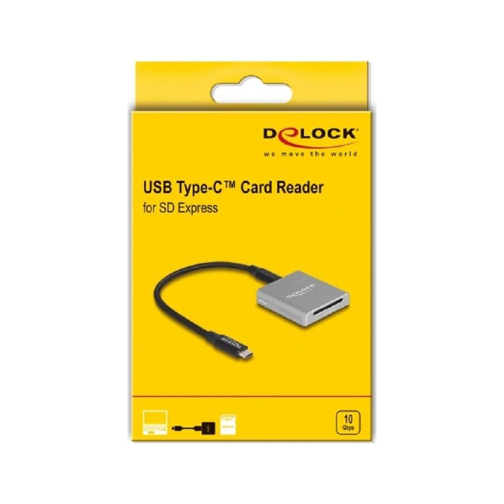 Verpackung eines silbernen USB-C-Kartenlesers für SD-Express.