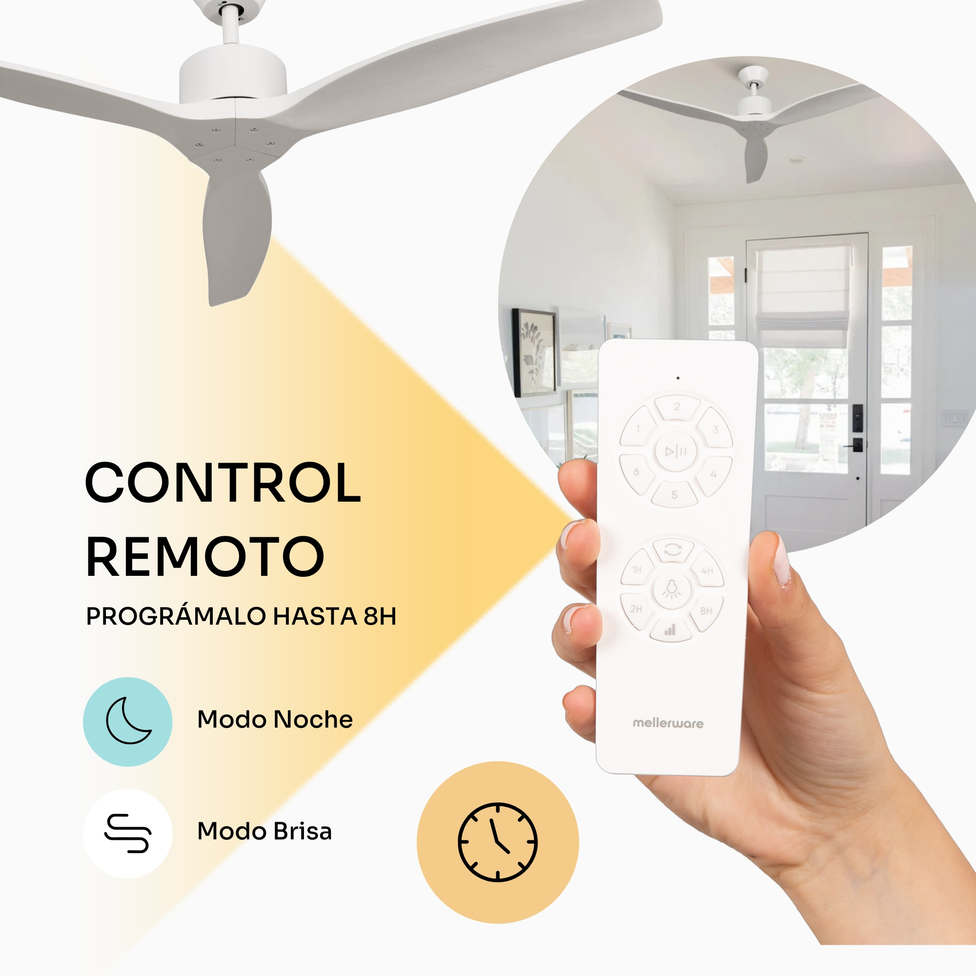 Una mano sostiene un control remoto blanco para ventilador de techo, con opciones de temporizador.