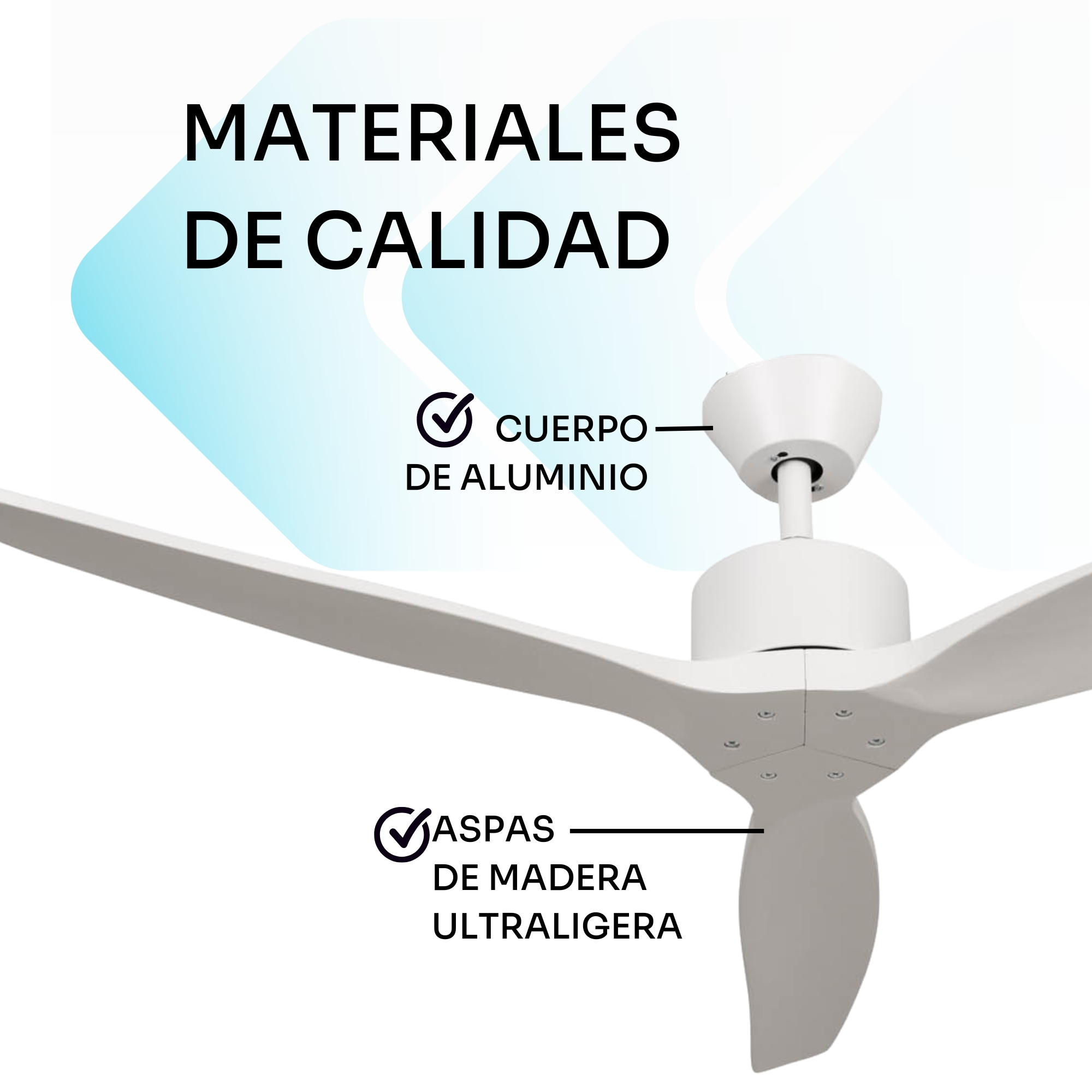 Moderno ventilador de techo blanco con tres aspas de madera.