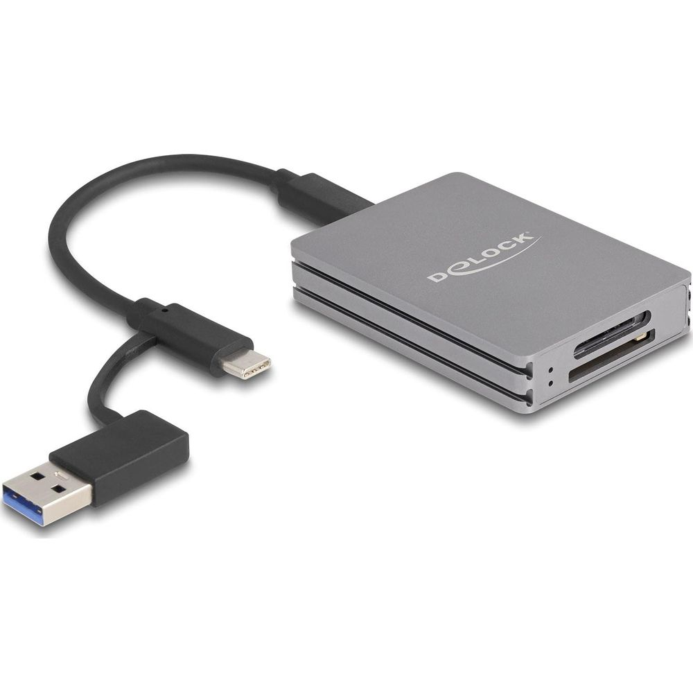 Un lettore di schede Delock argento con connettori USB e Lightning su sfondo bianco.