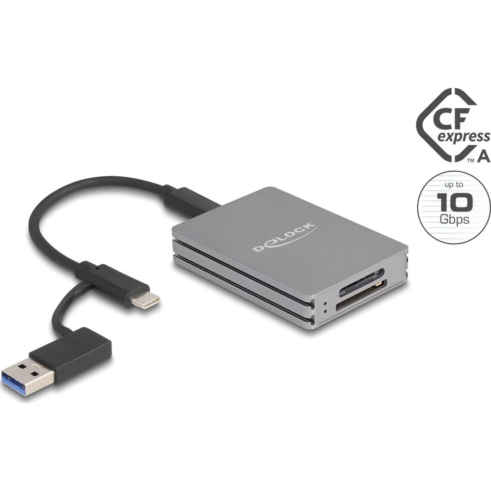 Lettore di schede CFexpress grigio con connettori USB-A e Lightning.