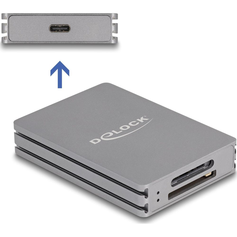 Lettore di schede USB-C grigio con slot per schede SD e microSD.