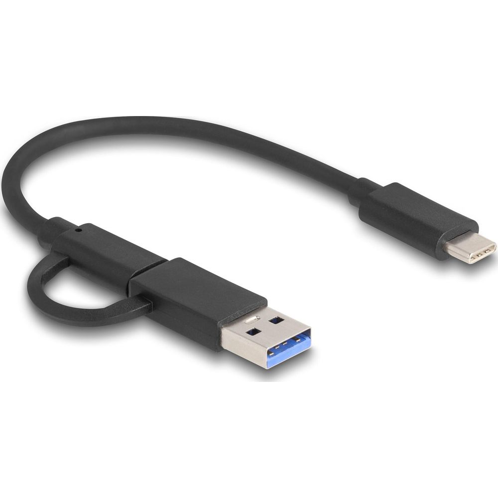 Cavo adattatore da USB-A a USB-C nero su sfondo bianco.