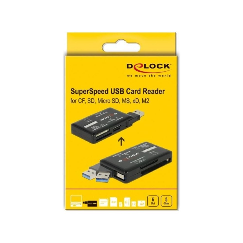 Verpackung eines DeLOCK SuperSpeed USB Kartenlesers für diverse Speicherkarten.