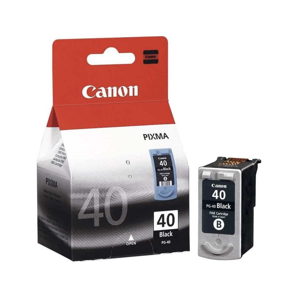 Czarny tusz Canon PG-40 obok pudełka.