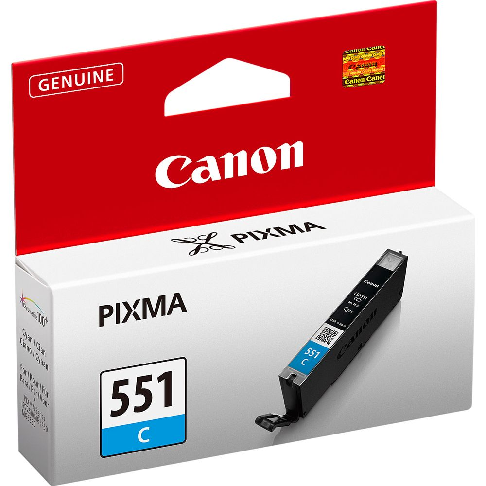 Canon Pixma 551 Cyan inktcartridge op witte doos. "Genuine" sticker linksboven.