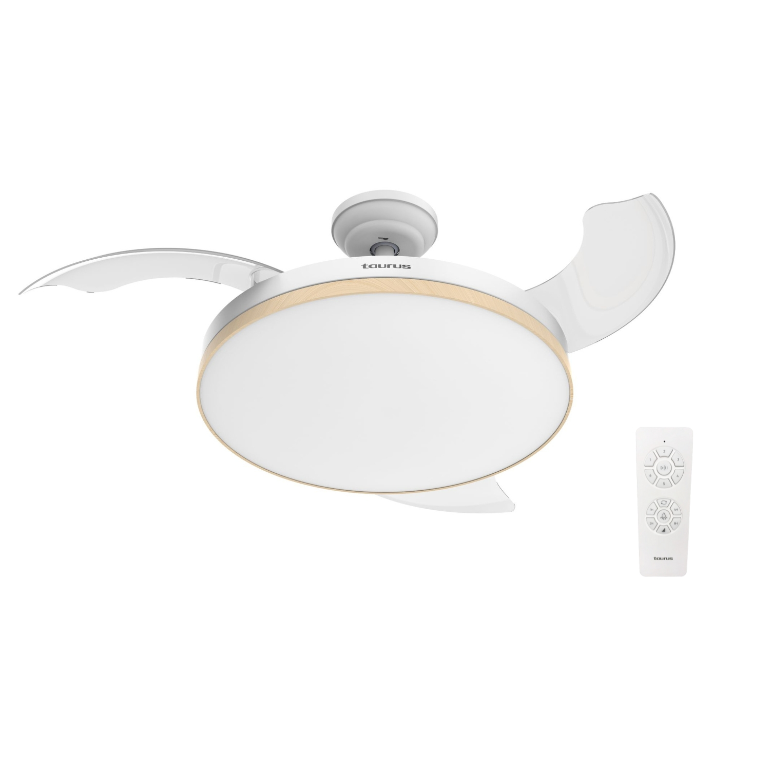 Un ventilador de techo blanco con luz y mando a distancia.