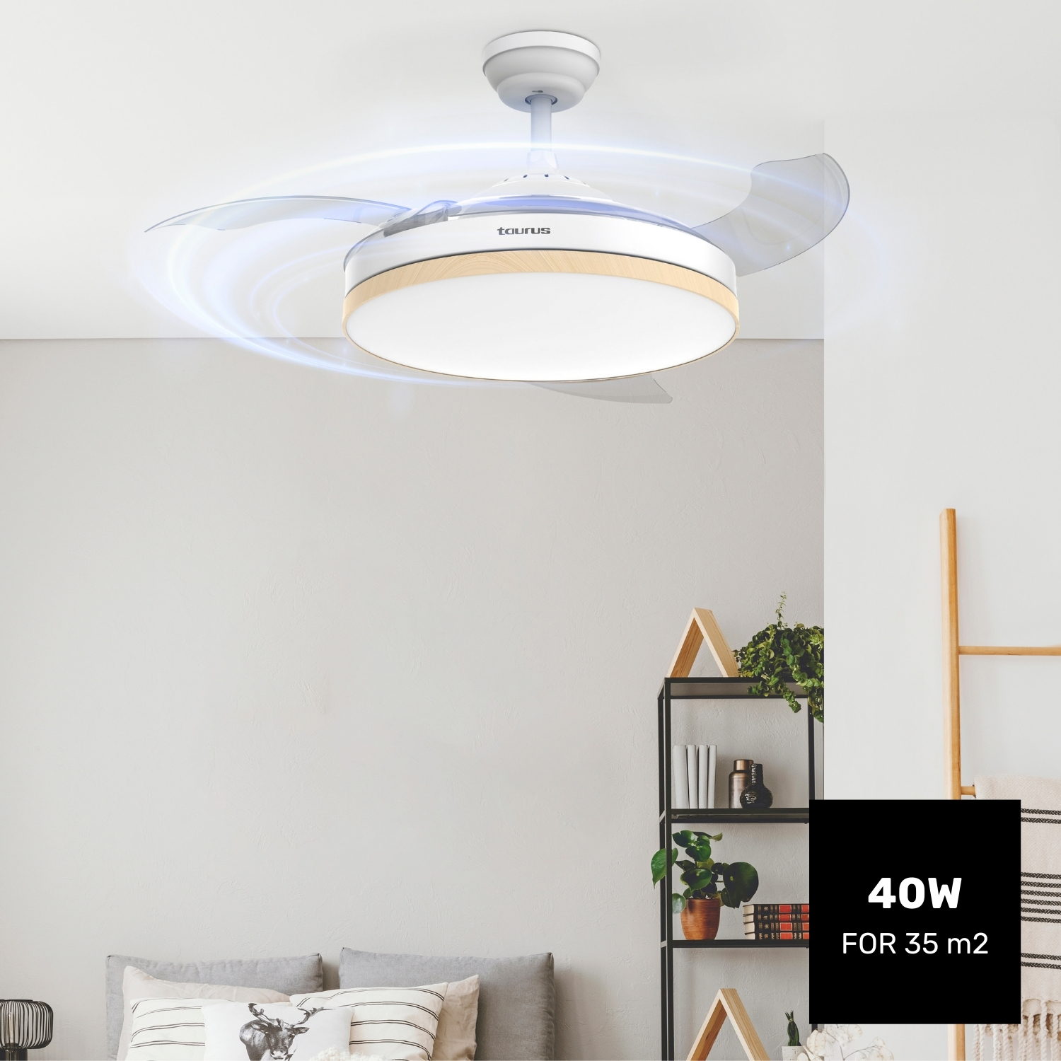 Ventilador de techo moderno con luz LED, blanco con detalle de madera. Logo "Taurus".