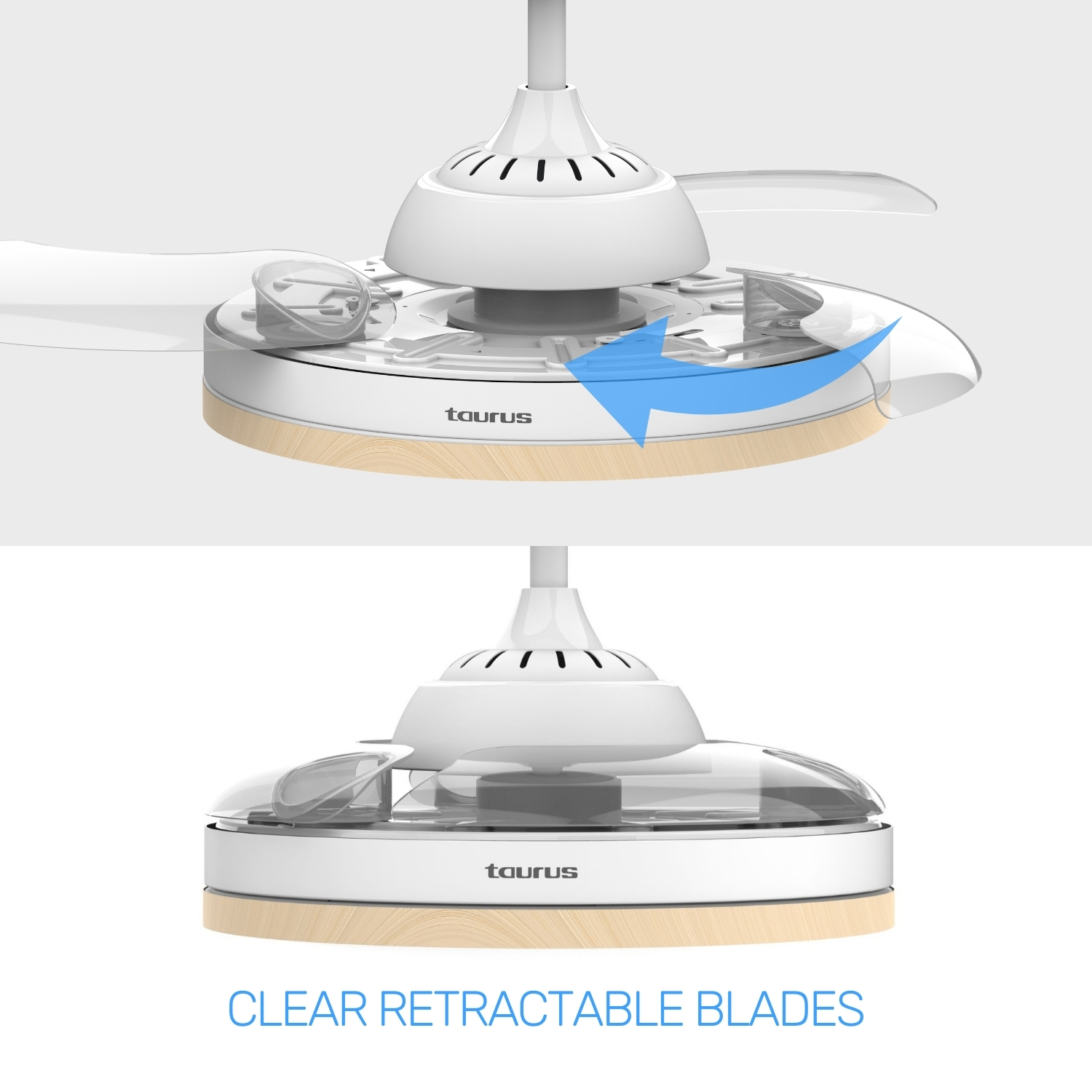 Unidad de ventilador de techo blanca con aspas retráctiles. Base de grano de madera.