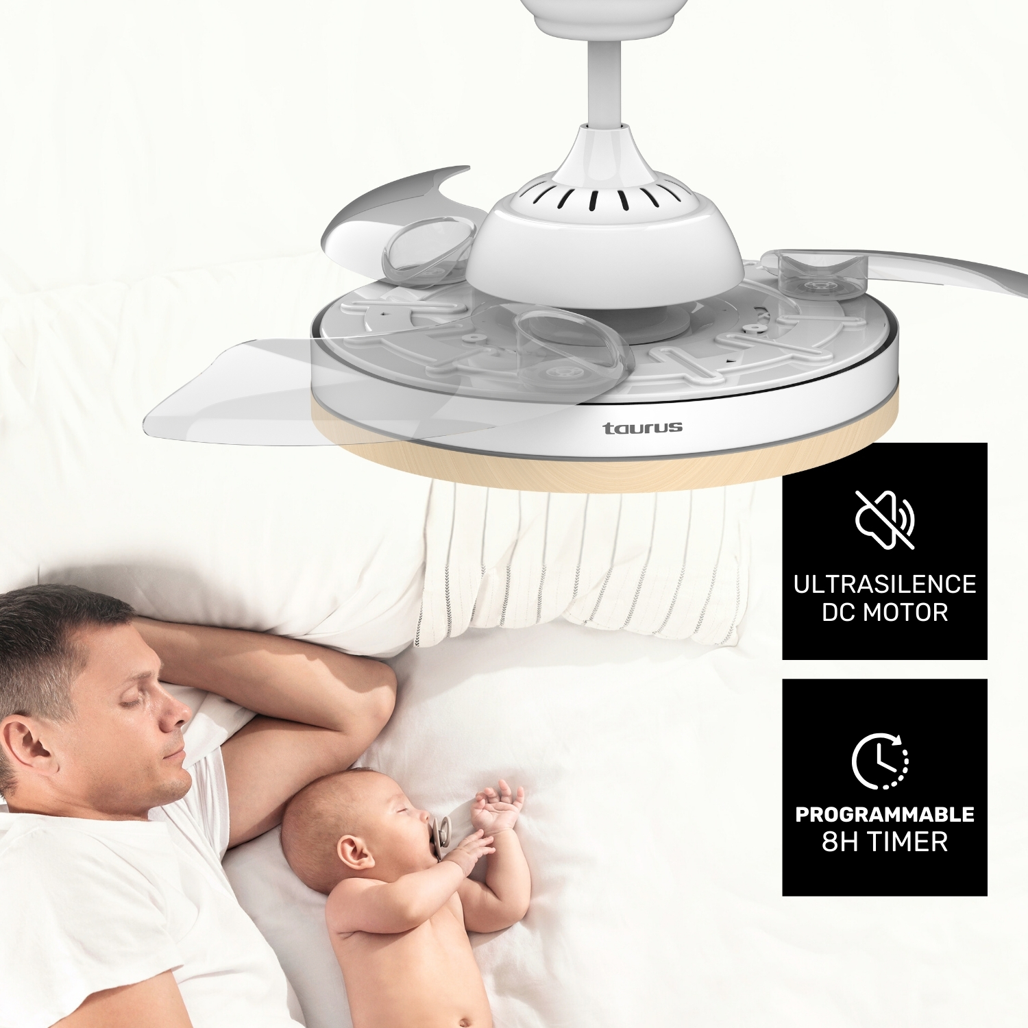 Hombre y bebé duermen junto a ventilador de techo con detalles de madera.