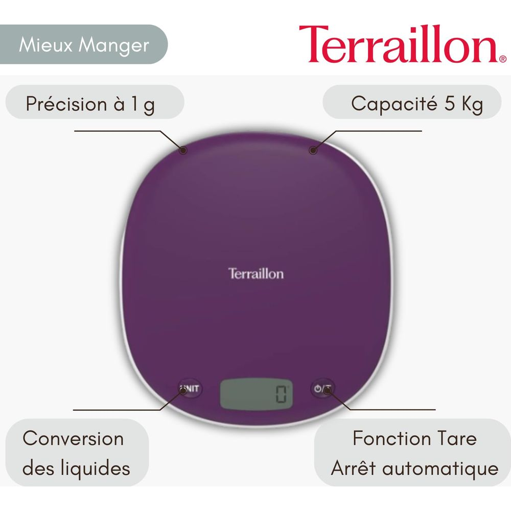 Bilancia da cucina viola Terraillon con display digitale, capacità 5kg e precisione 1g.