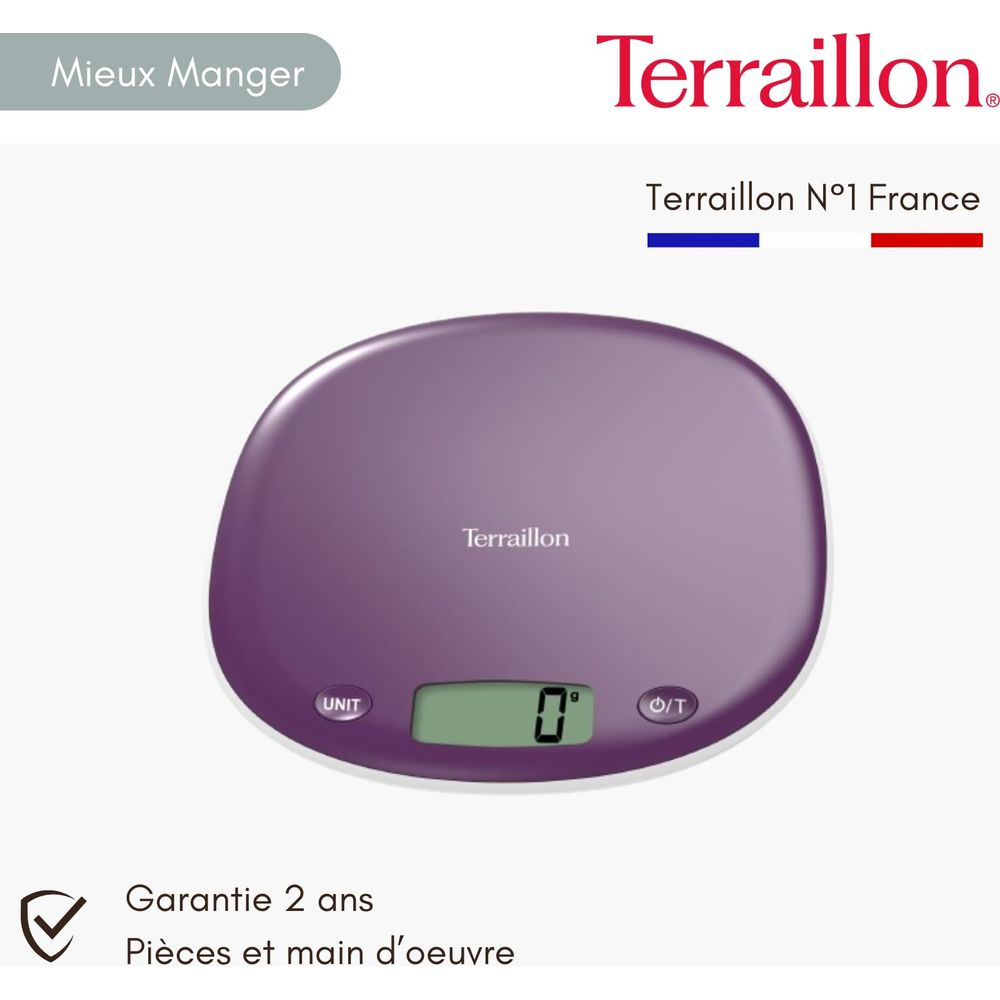 Una bilancia da cucina Terraillon viola con display digitale su zero.