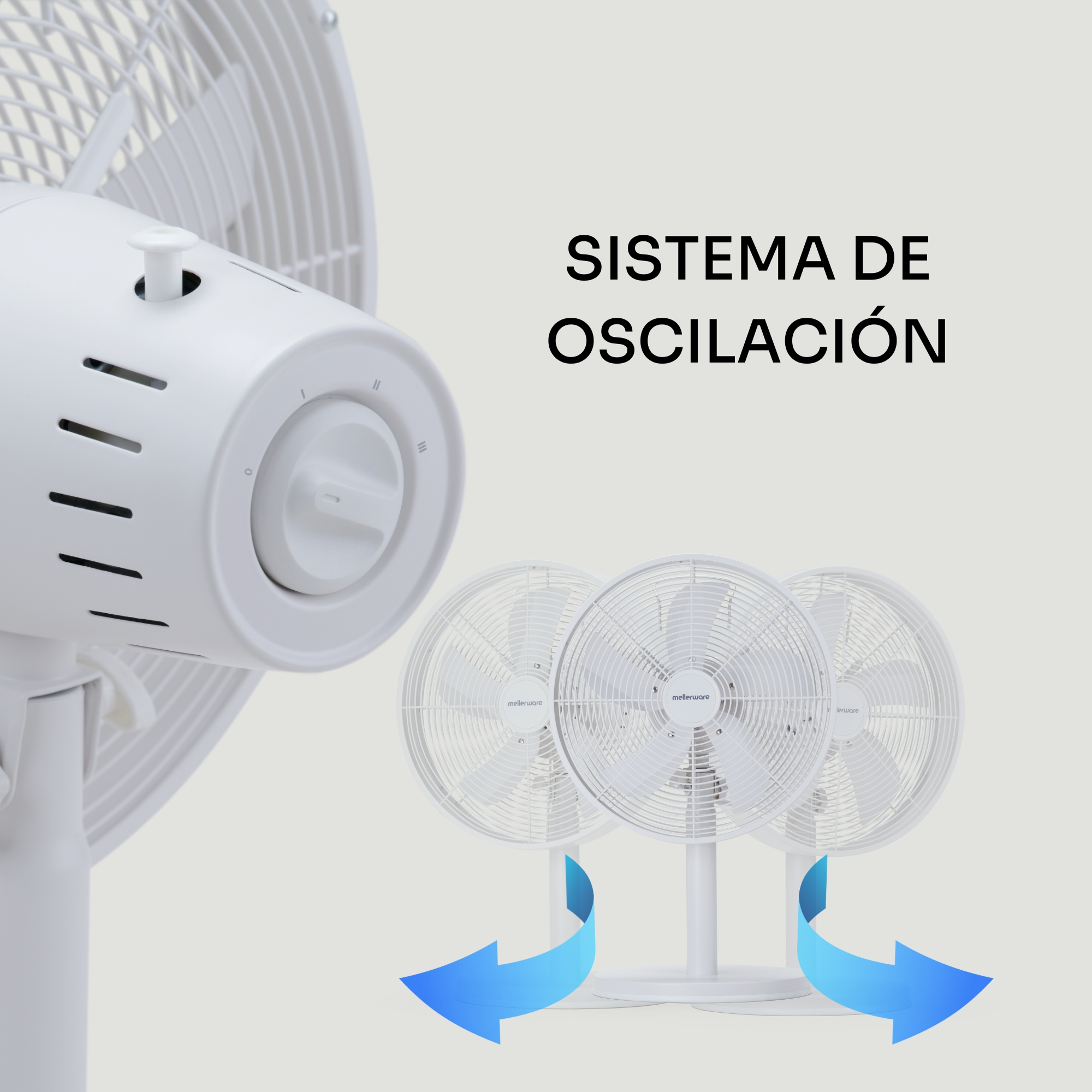 Ventiladores oscilantes blancos con flechas azules que indican flujo de aire.