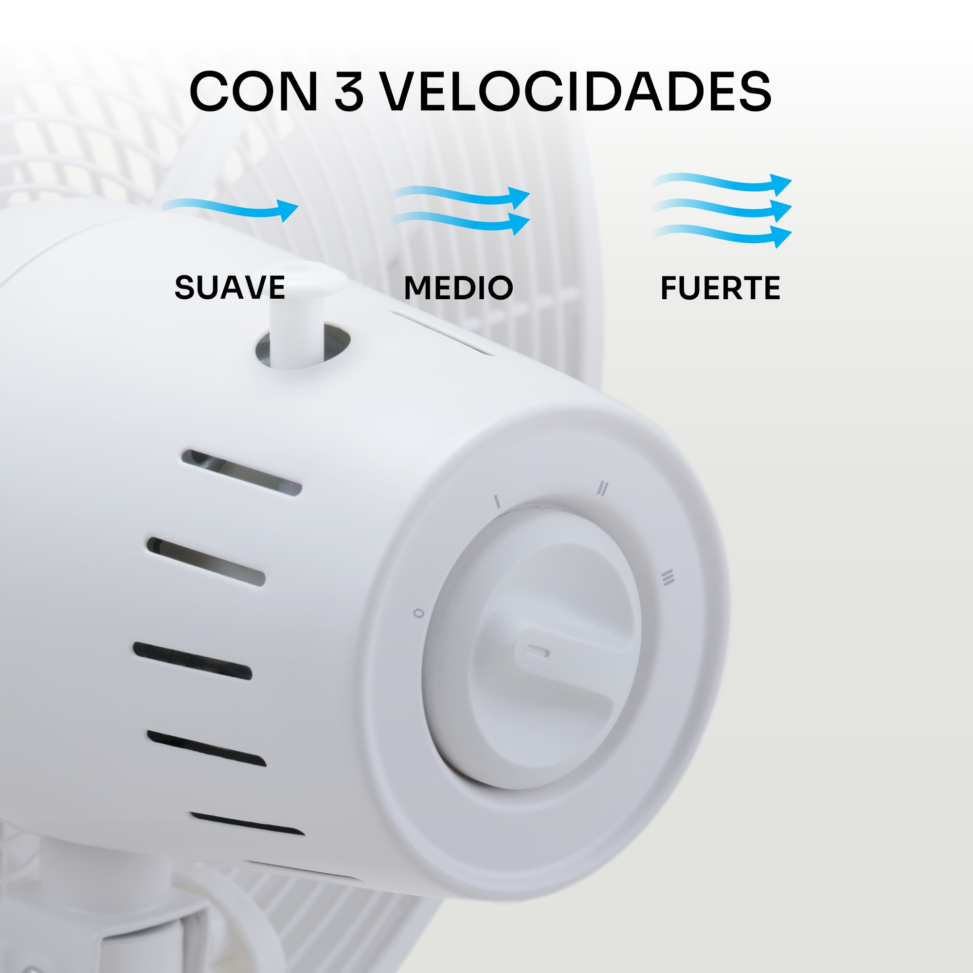 Ventilador blanco con 3 velocidades: SUAVE, MEDIO, FUERTE.