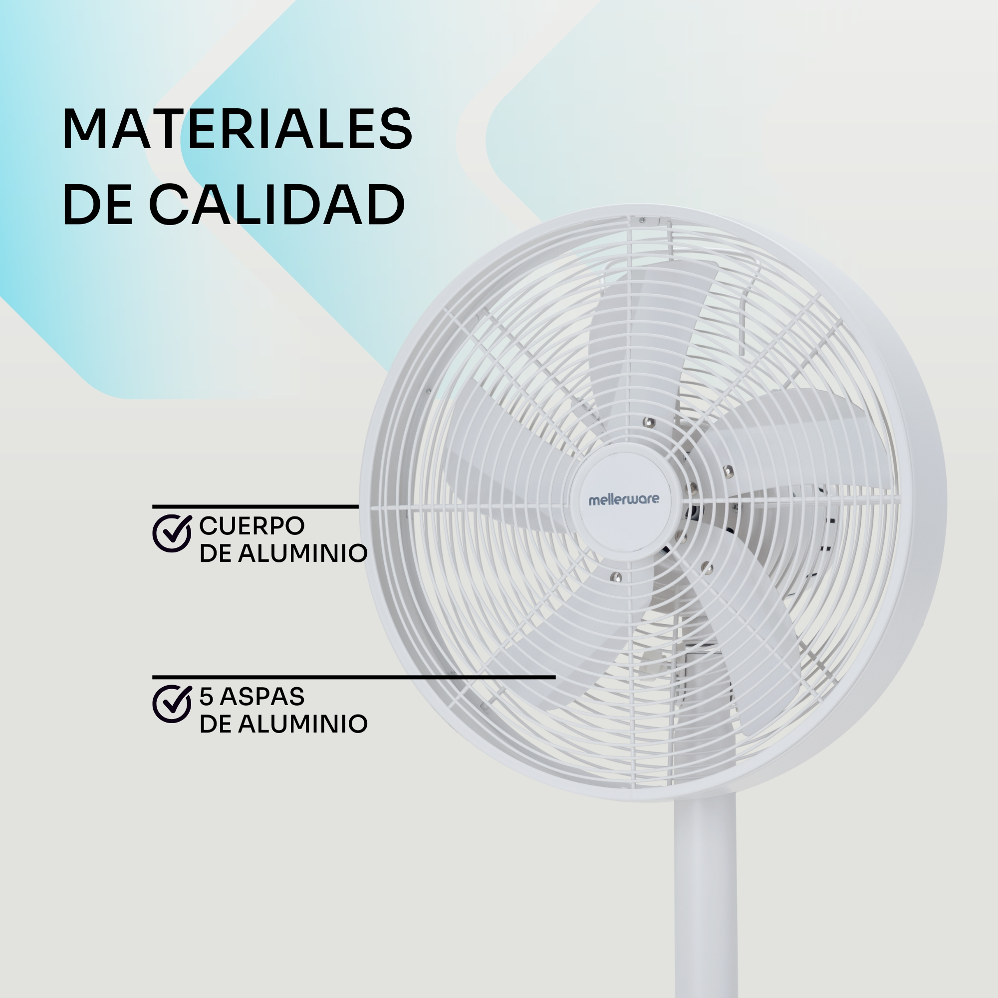 Un ventilador de pie blanco con cuerpo y 5 aspas de aluminio.