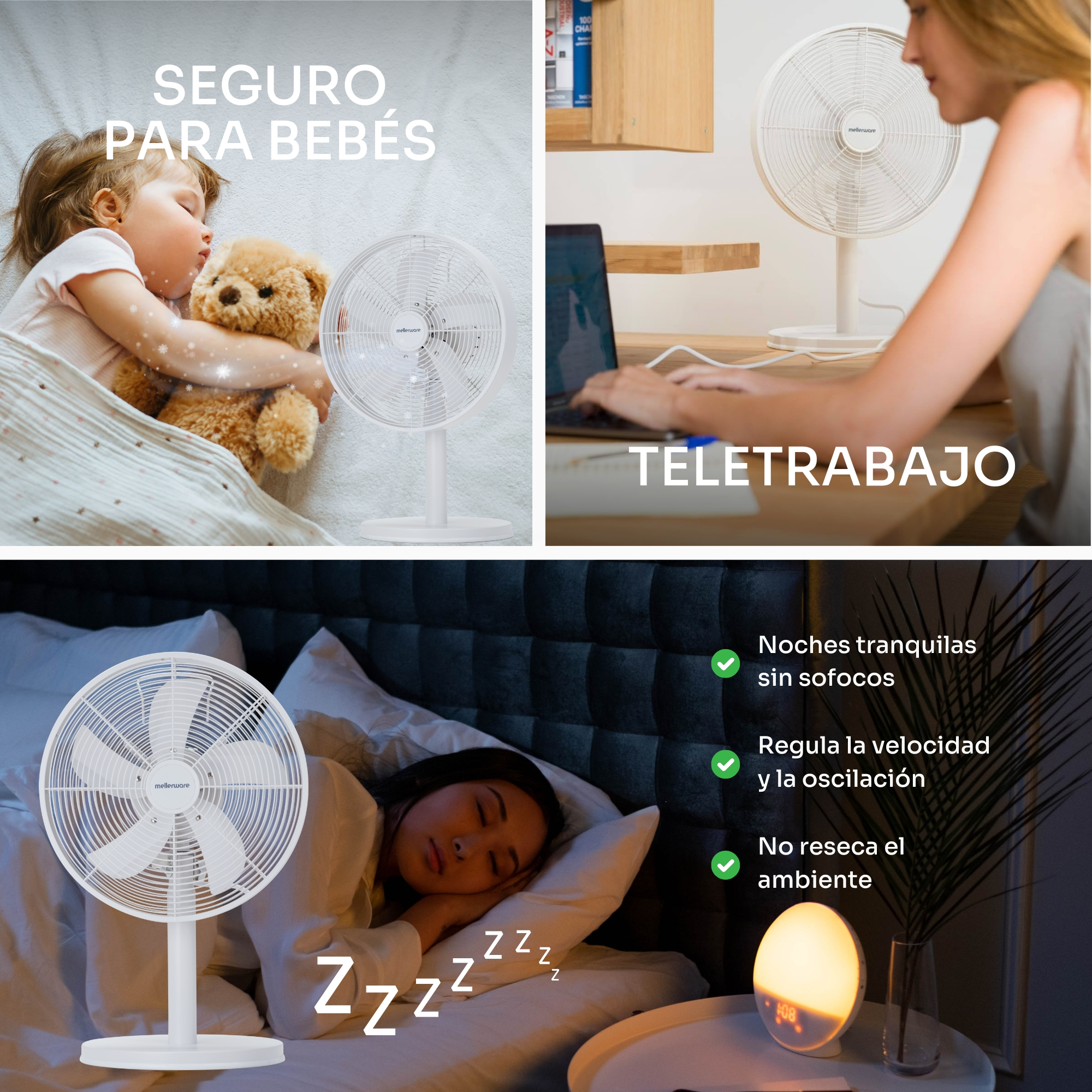 Un ventilador blanco junto a un bebé durmiendo y un osito.
