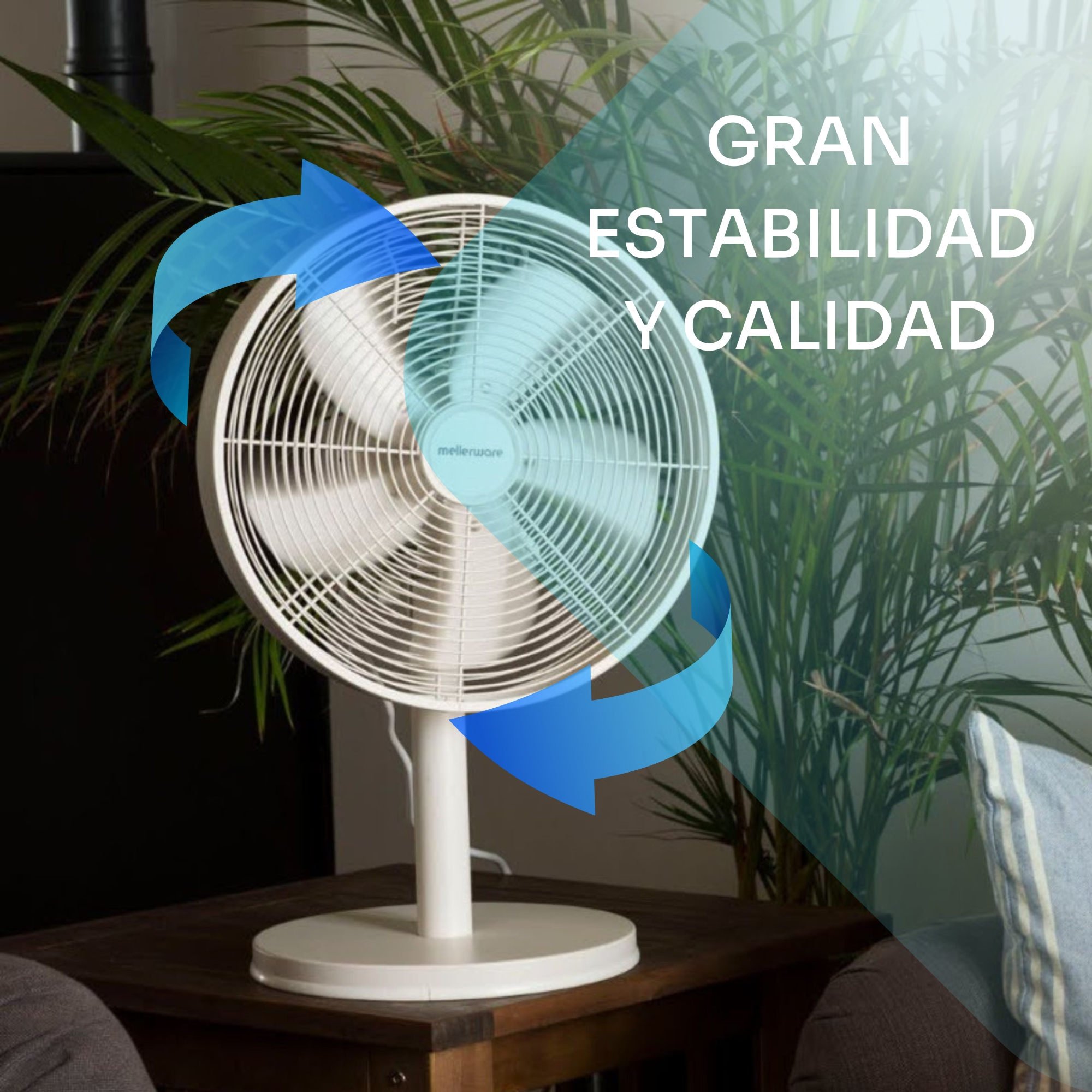 Un ventilador blanco sobre mesa de madera, rodeado de plantas.