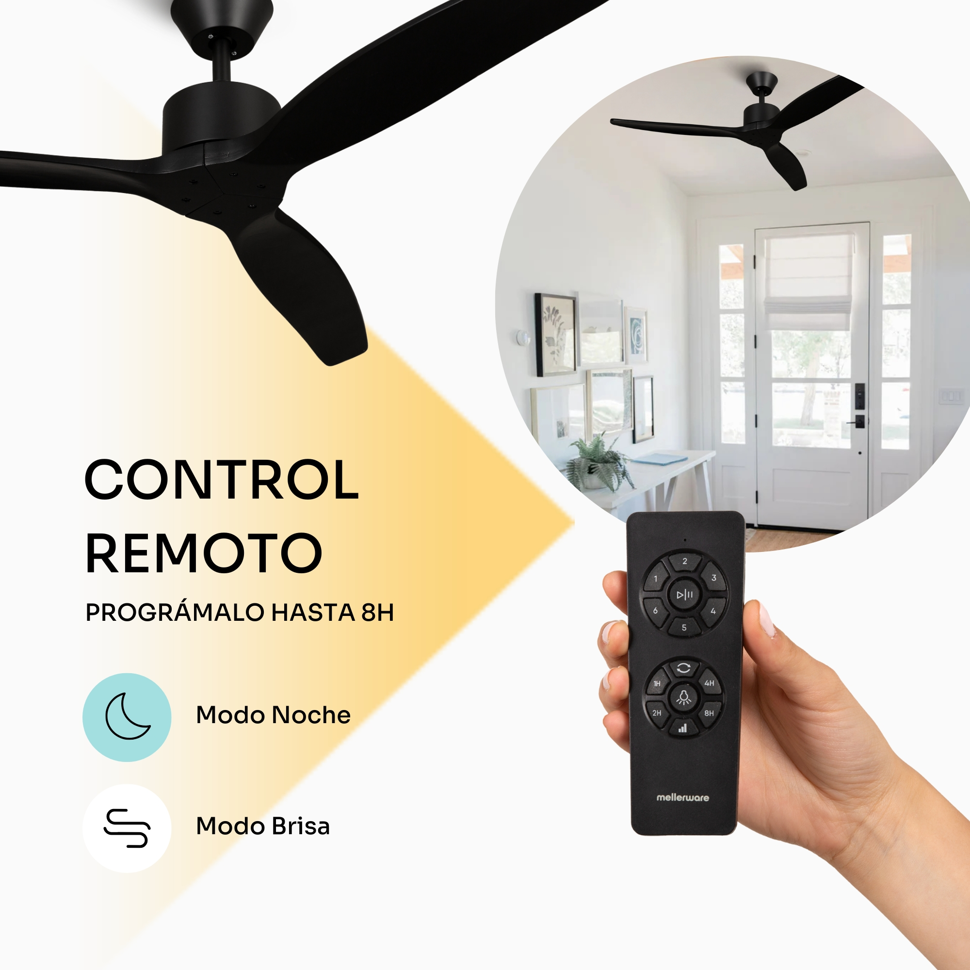 Ventilador de techo negro con control remoto mostrando modos noche y brisa.