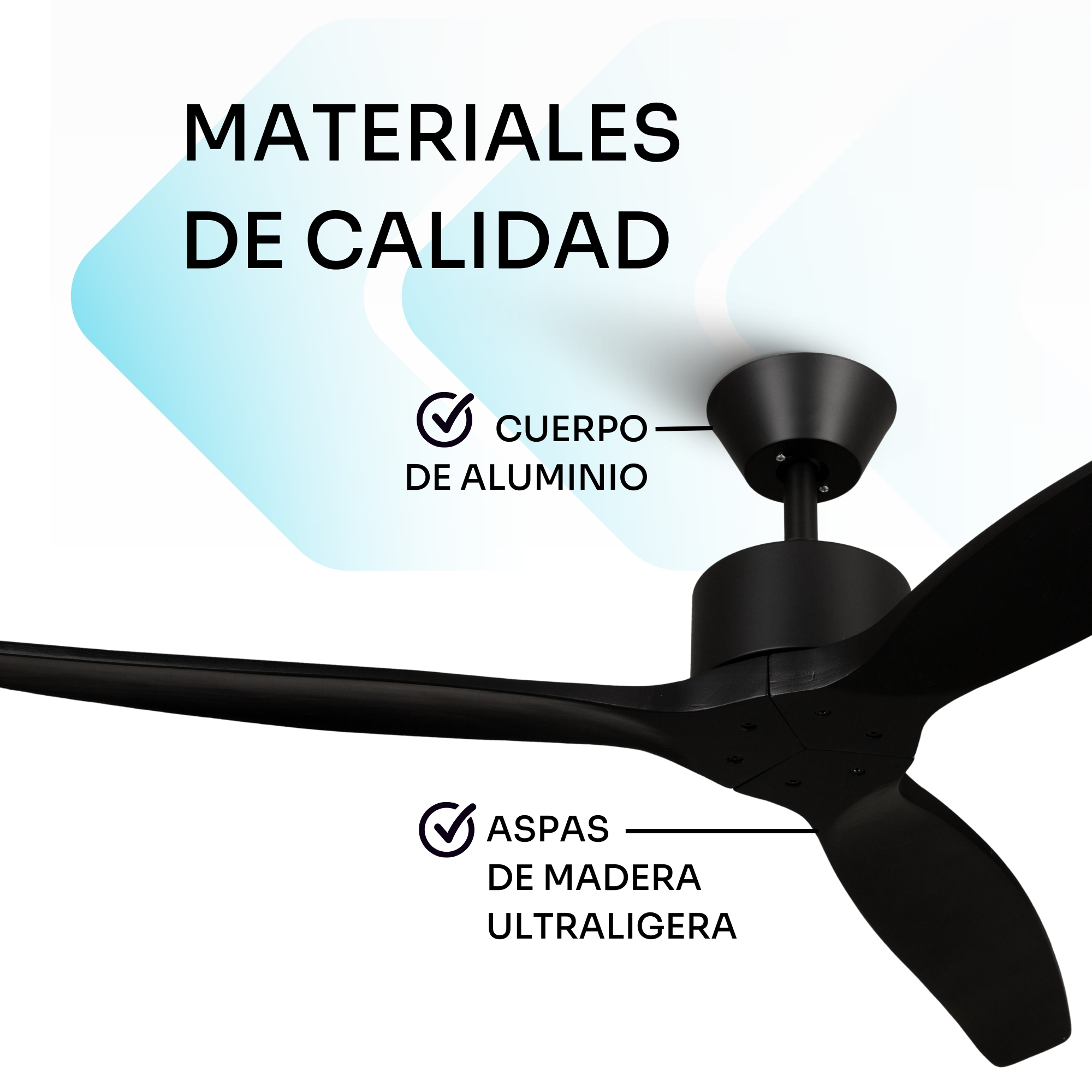 Ventilador de techo negro con tres aspas, de aluminio y madera.