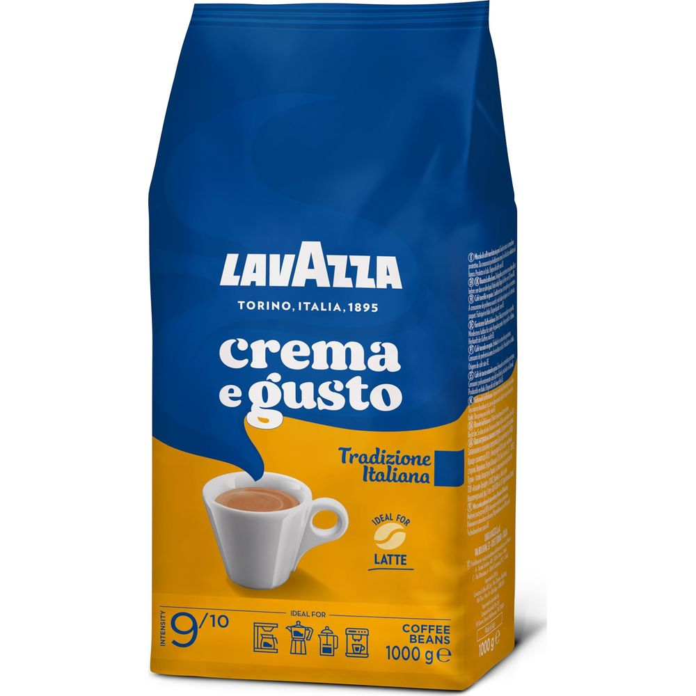 Lavazza Crema e Gusto Kaffeepackung mit Tasse Kaffee und Text.