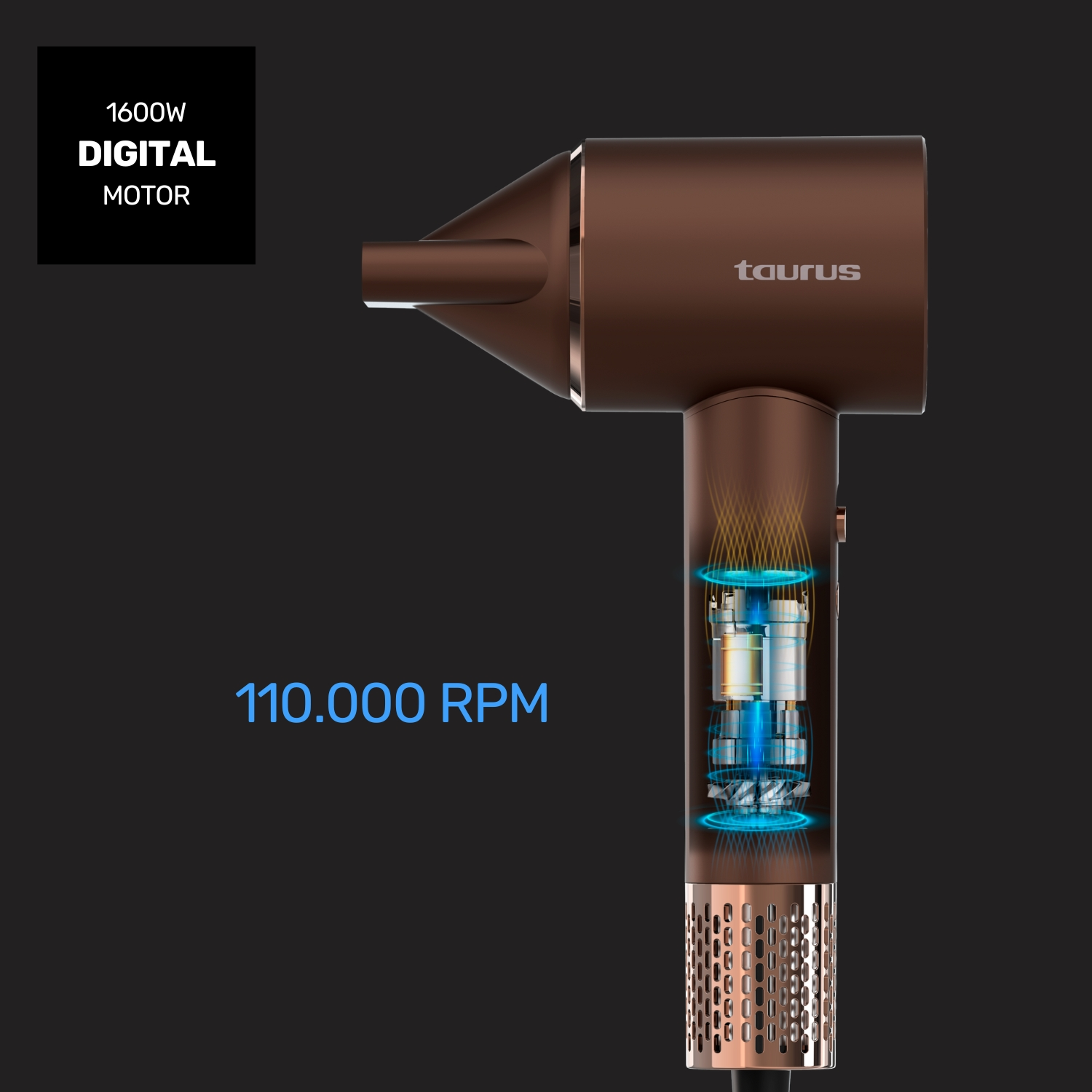 Secador de pelo marrón con motor digital, 1600W, 110.000 RPM.