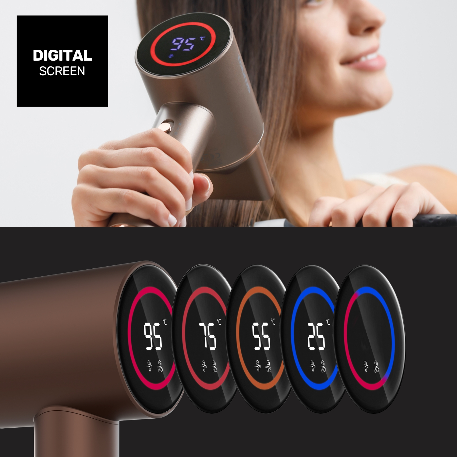 Un secador de pelo con pantalla digital muestra 95°C, junto a 75°C, 55°C y 25°C.
