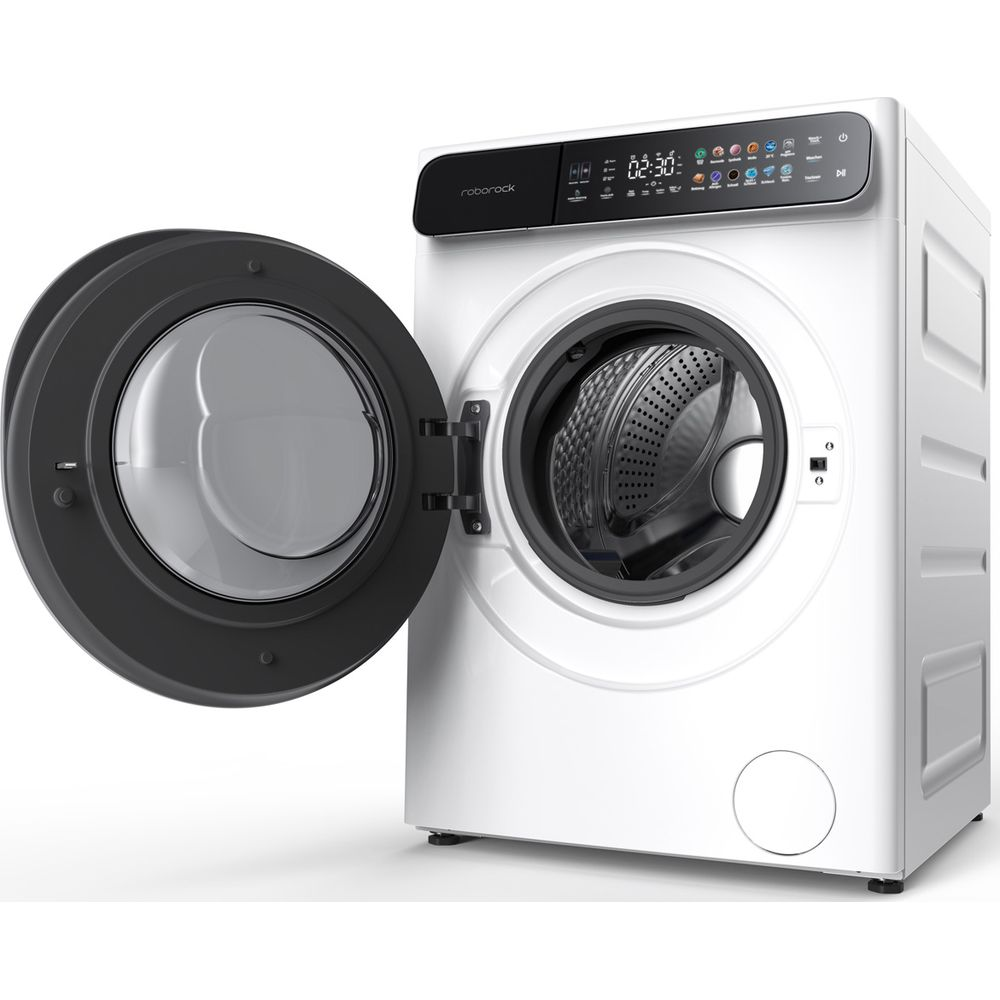 Eine weiße Waschmaschine mit geöffneter Tür und digitalem Display.