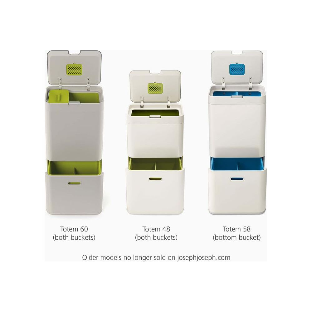 Tres cubos de reciclaje Joseph Joseph: Totem 60, 48 y 58, con compartimentos de colores.