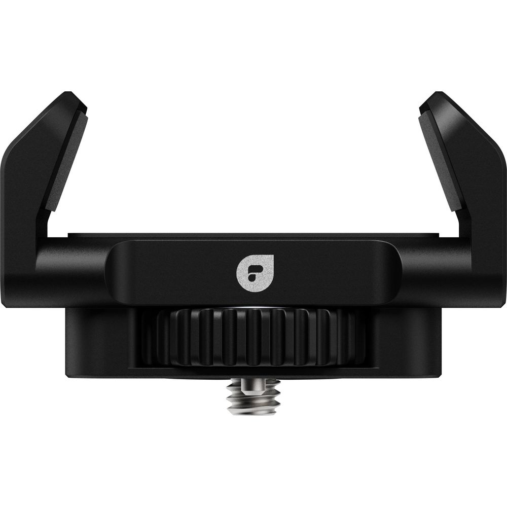 Czarny uchwyt na telefon z ząbkowanym uchwytem i logo.