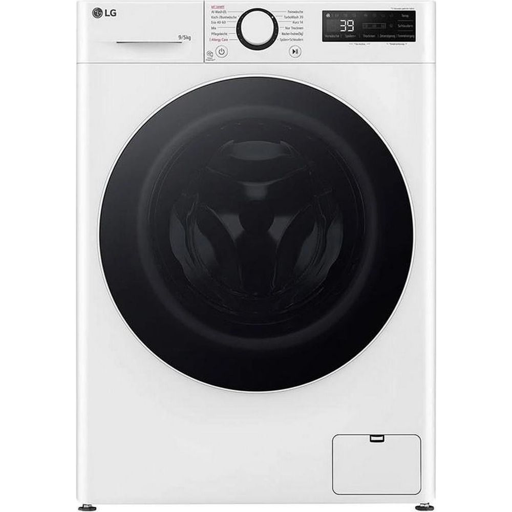 Machine à laver LG blanche avec porte noire et écran numérique.