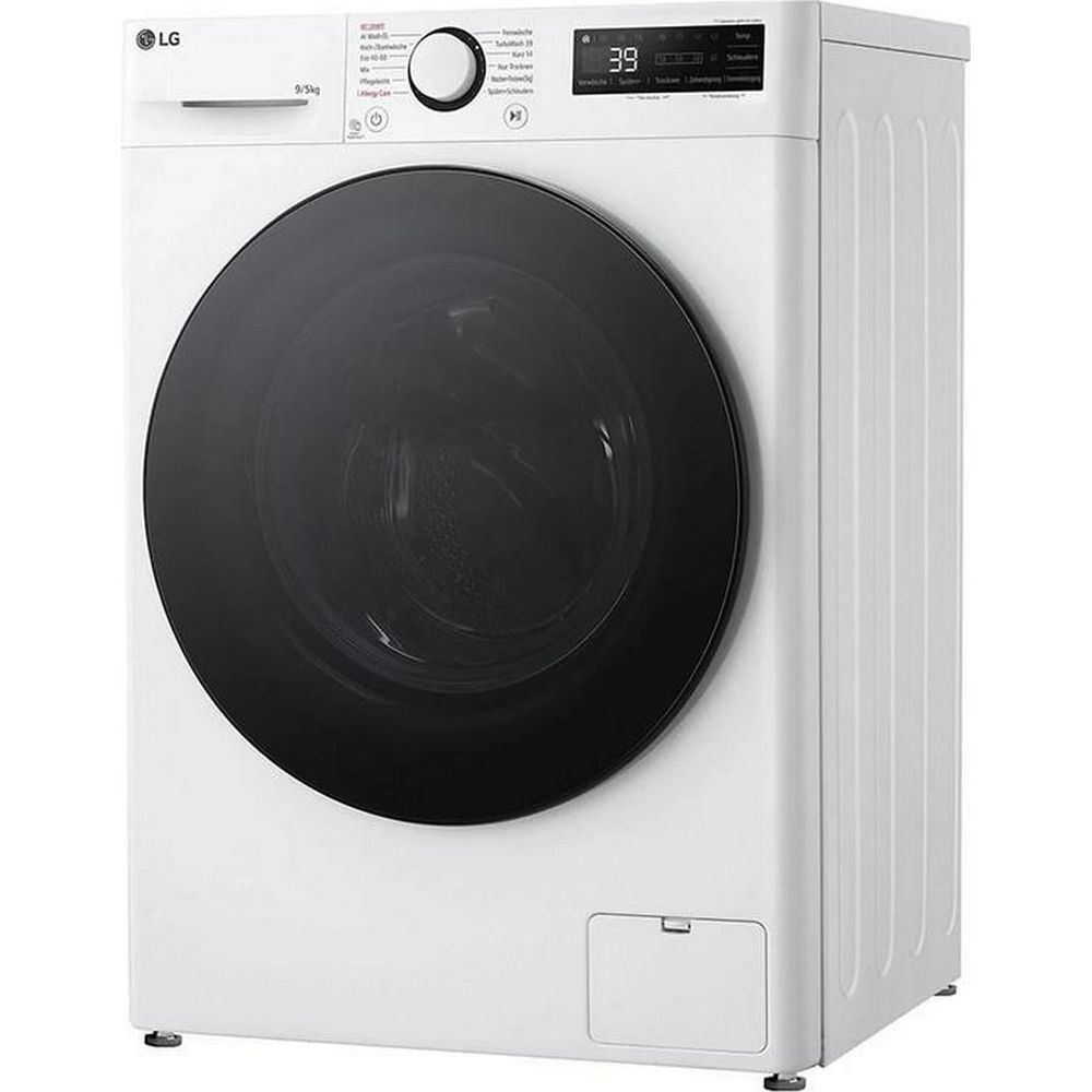 Une machine à laver LG blanche avec porte noire et panneau de commande.