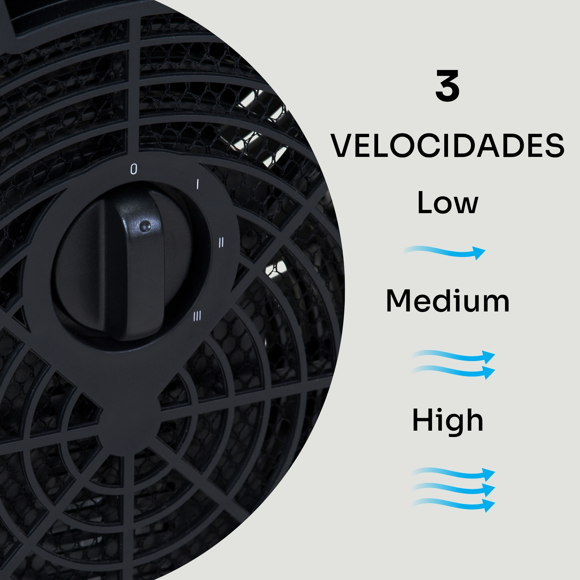 Un ventilador negro con 3 ajustes de velocidad: Bajo, Medio y Alto.