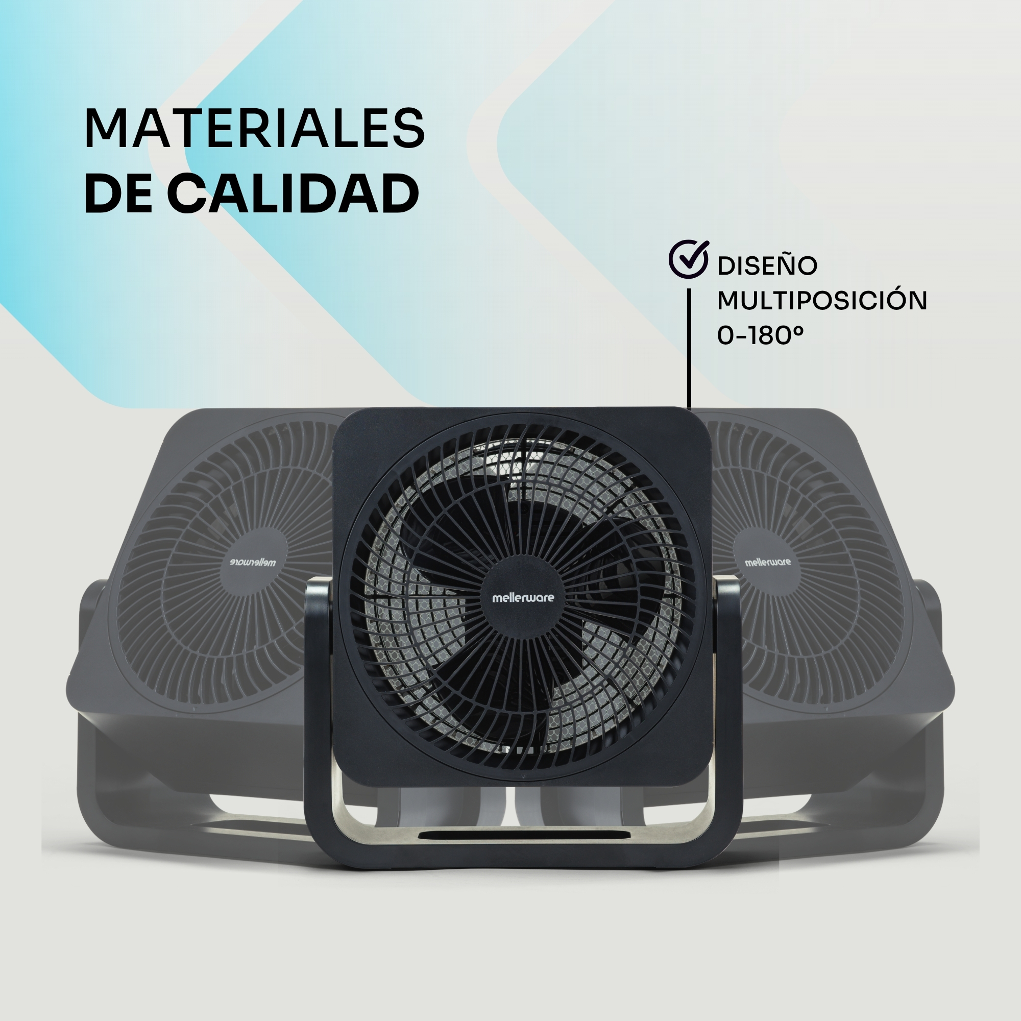 Un ventilador negro de varios niveles. El texto dice "Materiales de Calidad" y "Multiposición".