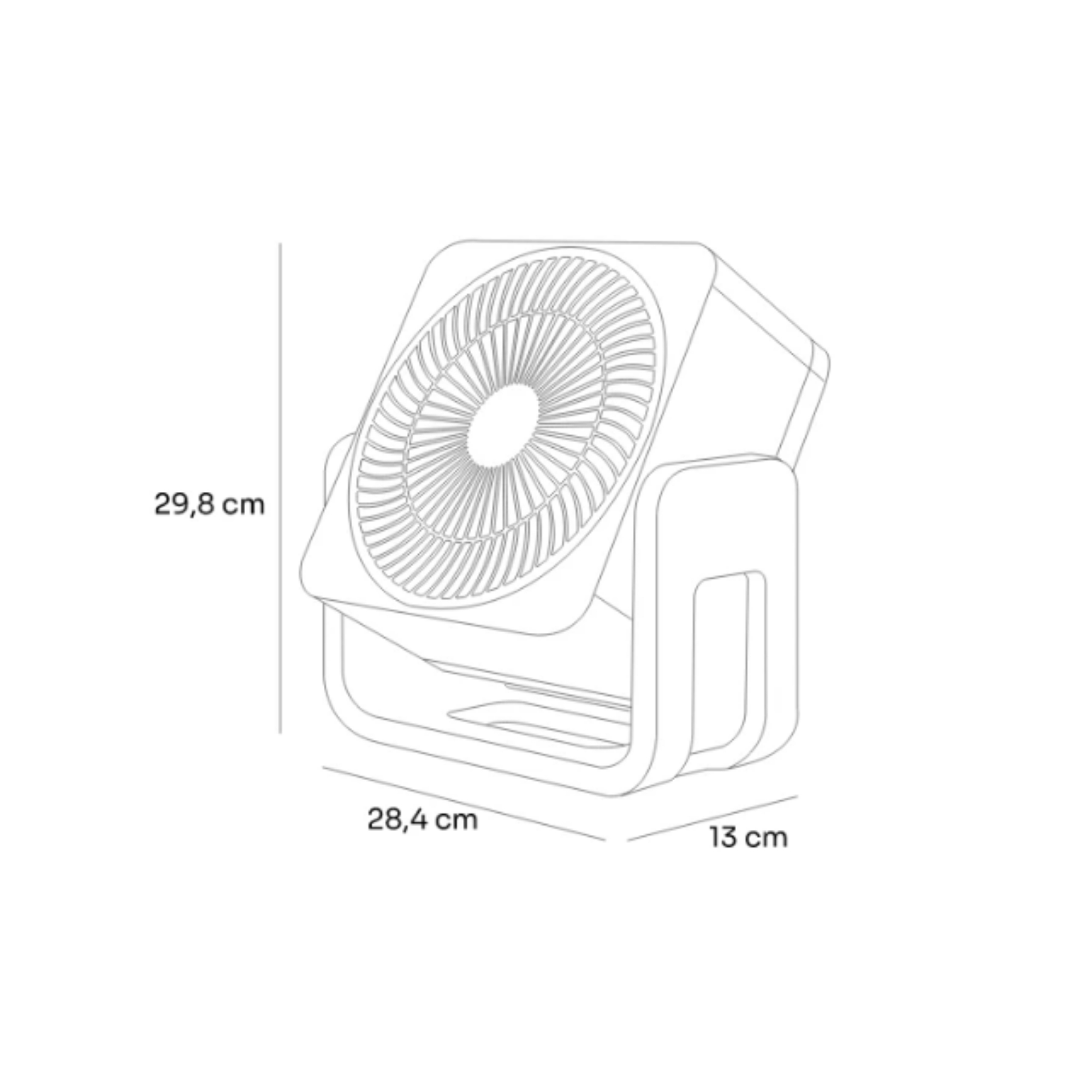 Un ventilador con dimensiones de 29,8x28,4x13 cm.