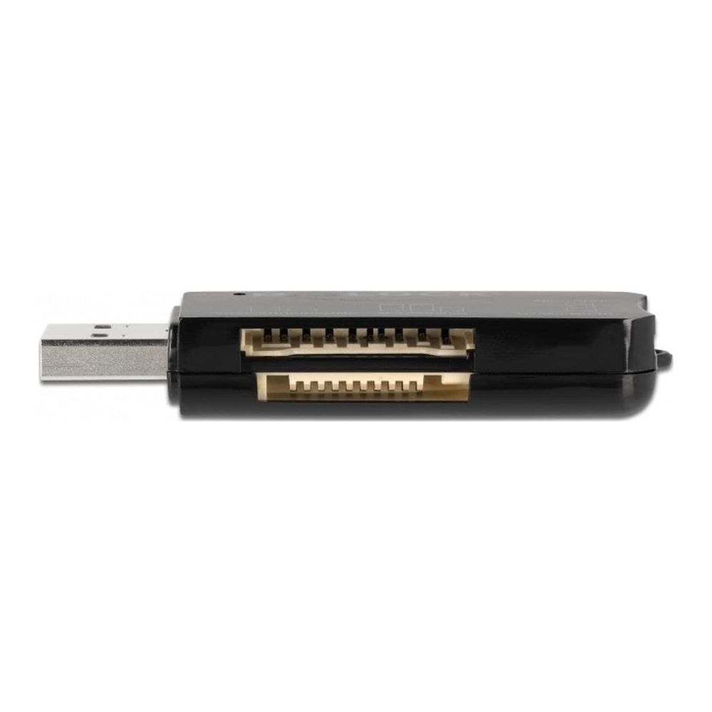 Lettore di schede nero con connettore USB e slot multipli.