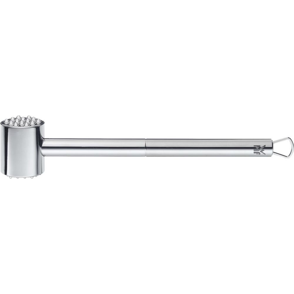 Fleischklopfer aus Metall mit Hammerkopf und Griff.