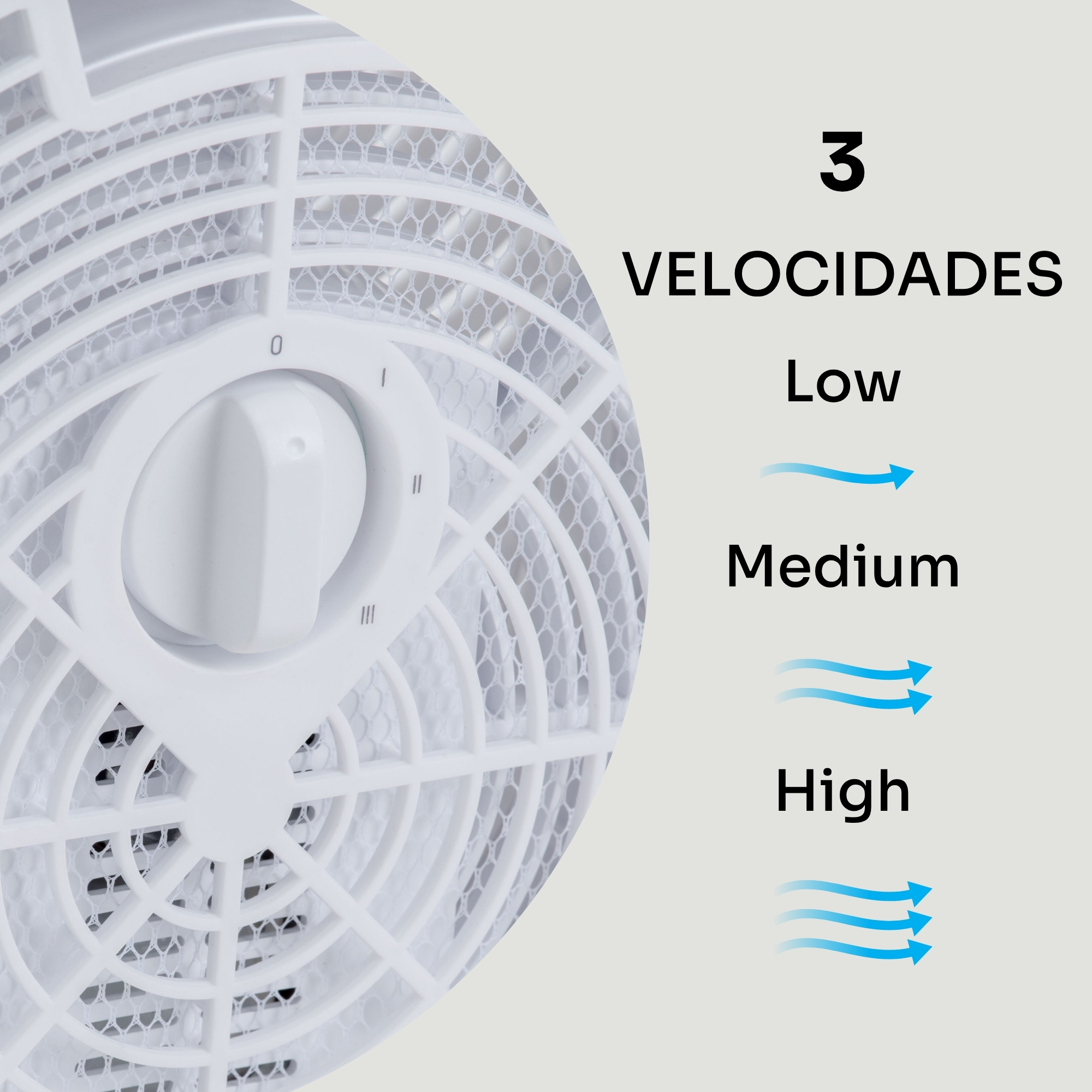 Un ventilador blanco con 3 ajustes de velocidad: Bajo, Medio, Alto.