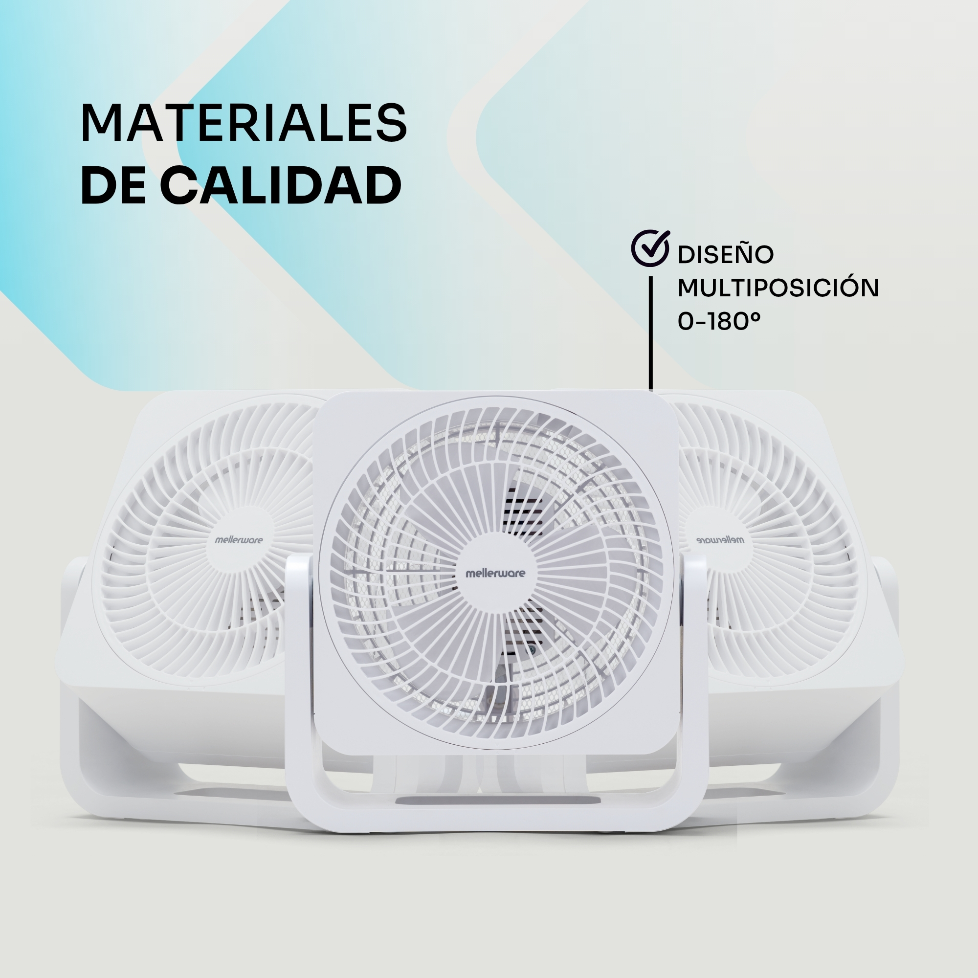 Tres ventiladores blancos con rejillas y logos. Texto: Materiales de Calidad, Diseño Multiposición.