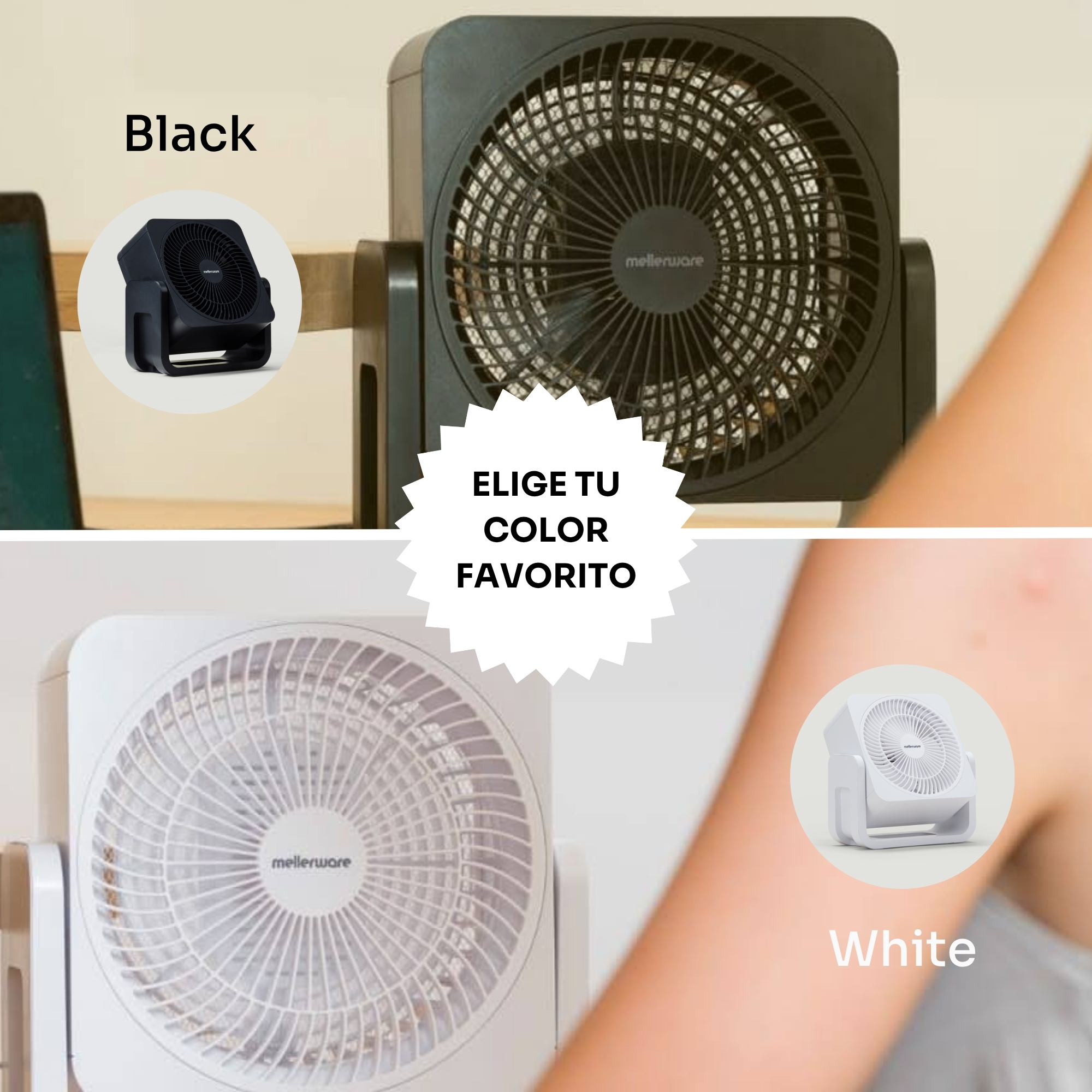 Se muestran un ventilador negro y uno blanco uno al lado del otro.