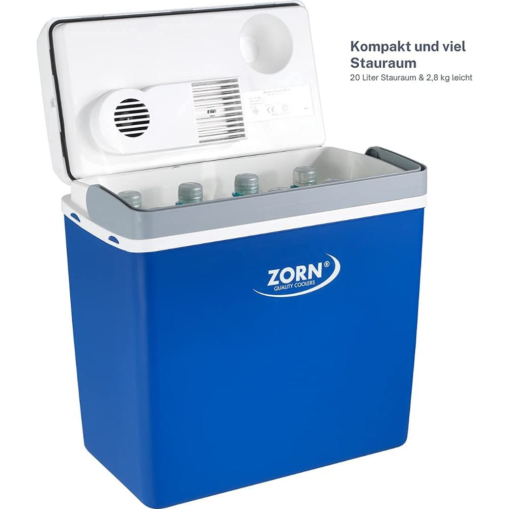 Un box frigo blu con coperchio aperto, riempito con quattro bottiglie.