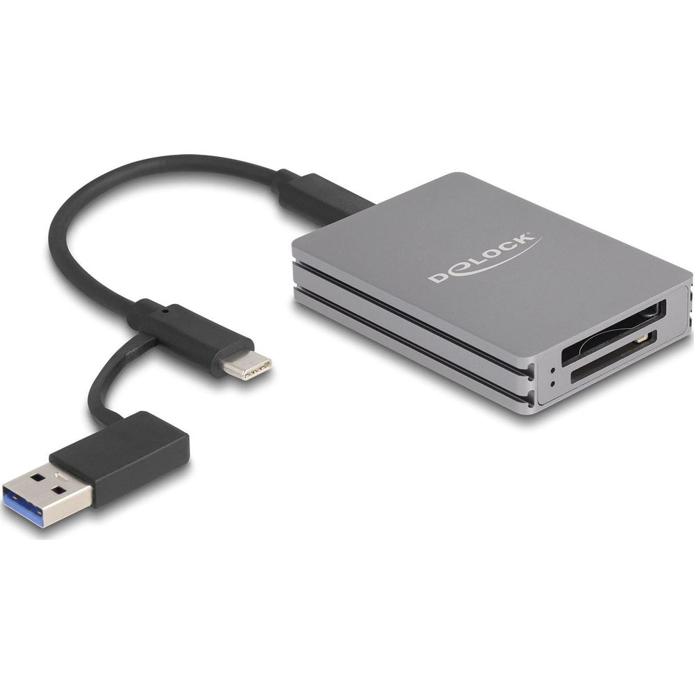 Lettore di schede grigio con cavi USB e Lightning, su sfondo bianco.