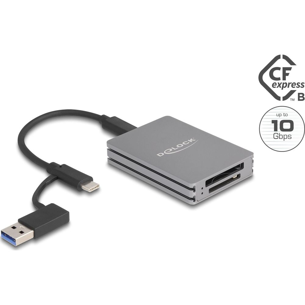 Lettore di schede grigio con porta USB-A e CFexpress, fino a 10 Gbps.