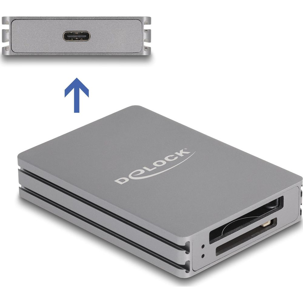 Un lettore di schede Delock argentato con porta USB-C e slot per schede SD.