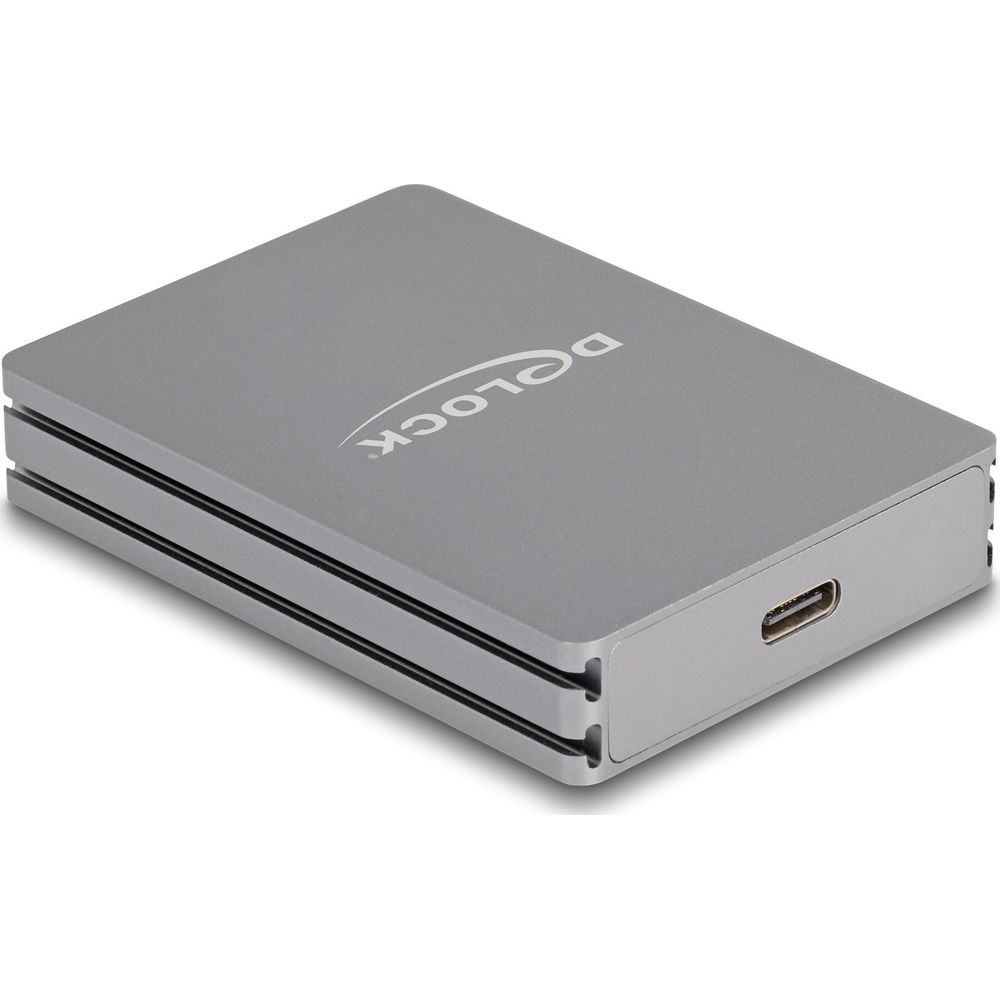 Box esterno grigio per hard disk con porta USB-C e logo.